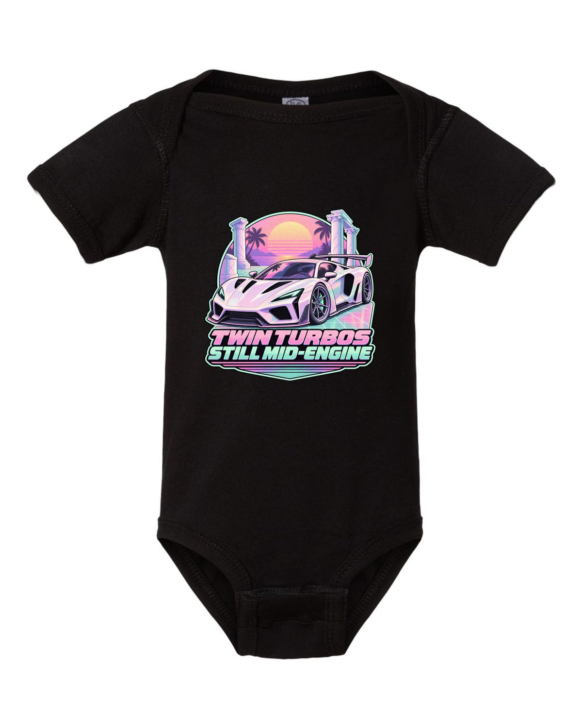 Badge crest design of a 2023 C8 Corvette Z06 with wide rear haunches black baby onesie front view with the design