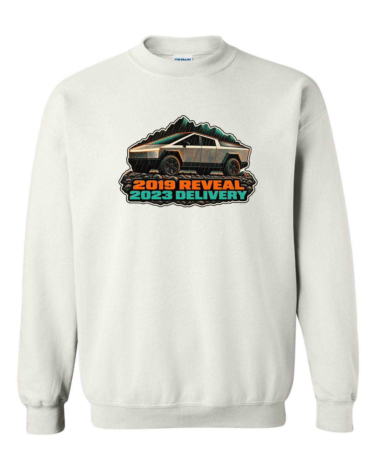 Risograph two-colour print of a 2023 Tesla Cybertruck in gravel and rain with 2019 Reveal 2023 Delivery lettering white crewneck front view with the design