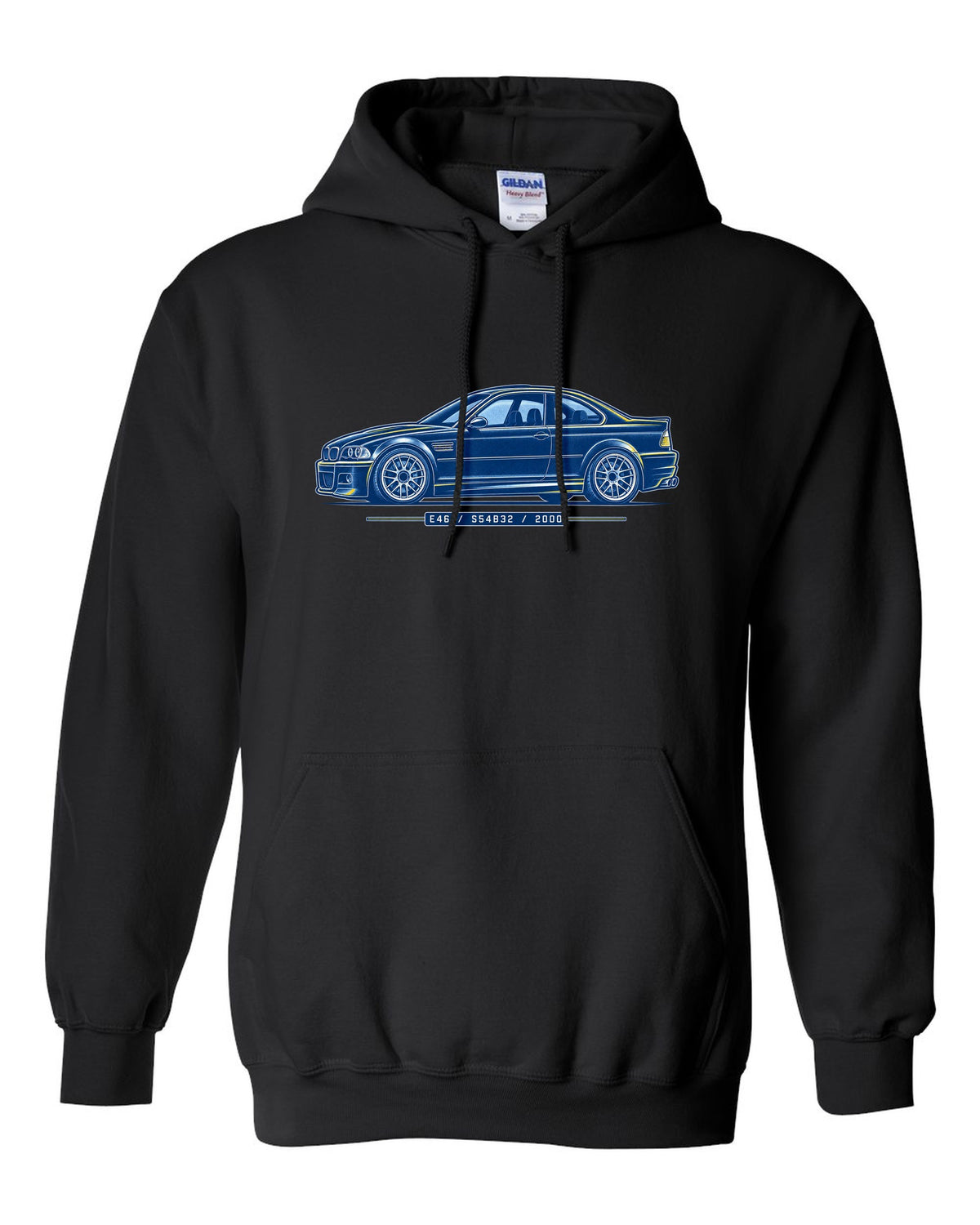 Cyanotype blueprint style print of a BMW E46 M3 coupe with E46 S54B32 2000 text black pull over hoodie front view with the design