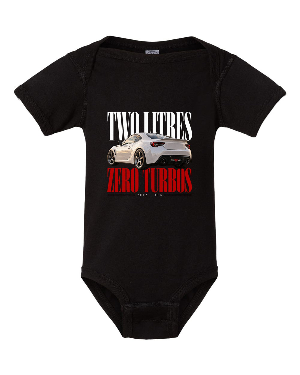 Editorial headline print for the Subaru BRZ ZC6 reading Two Litres, Zero Turbos, ZC6, 2012 black baby onesie front view with the design
