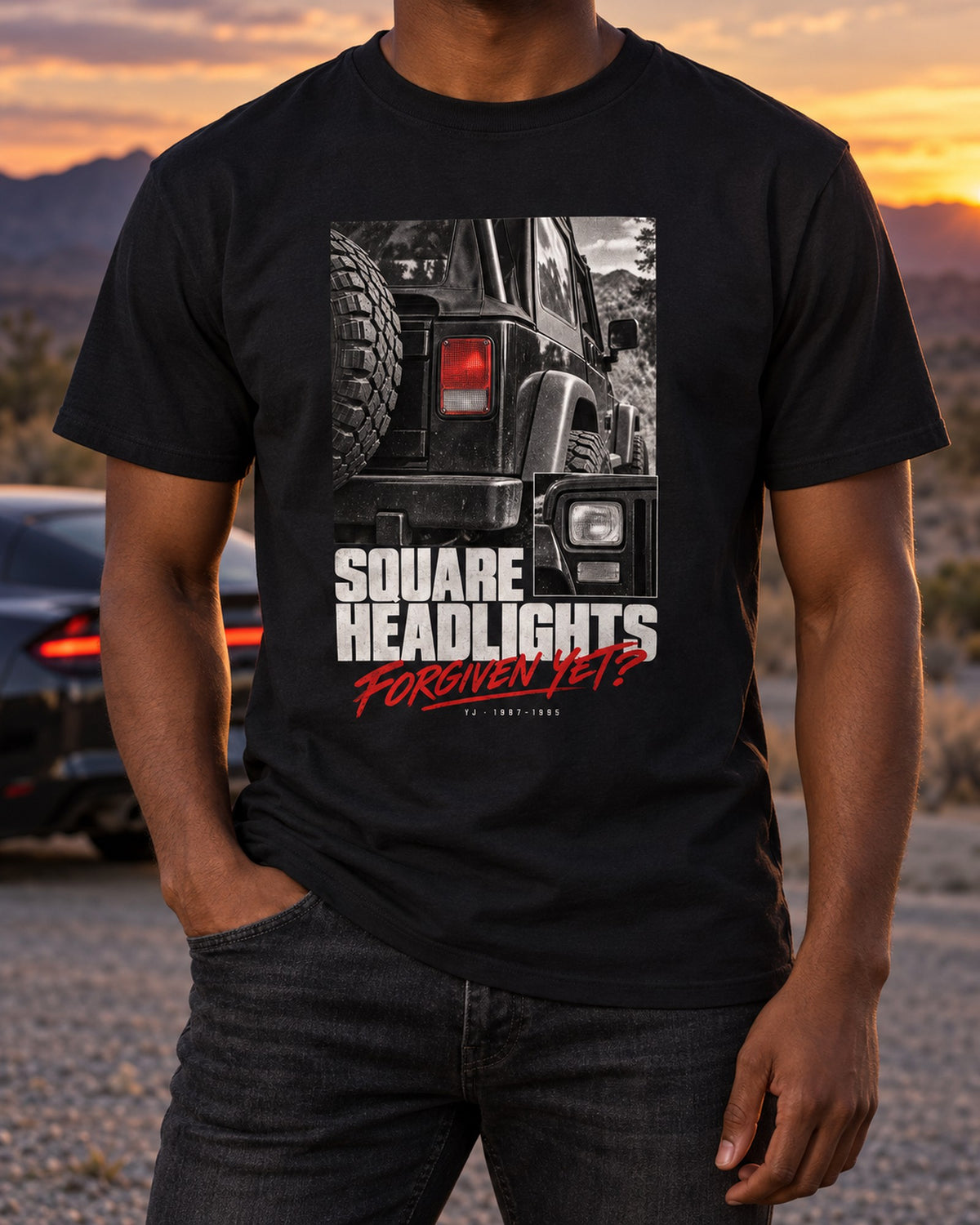 Jeep Wrangler YJ Square Headlights Detail Tee, 1987-1995 T-Shirt Black worn hero