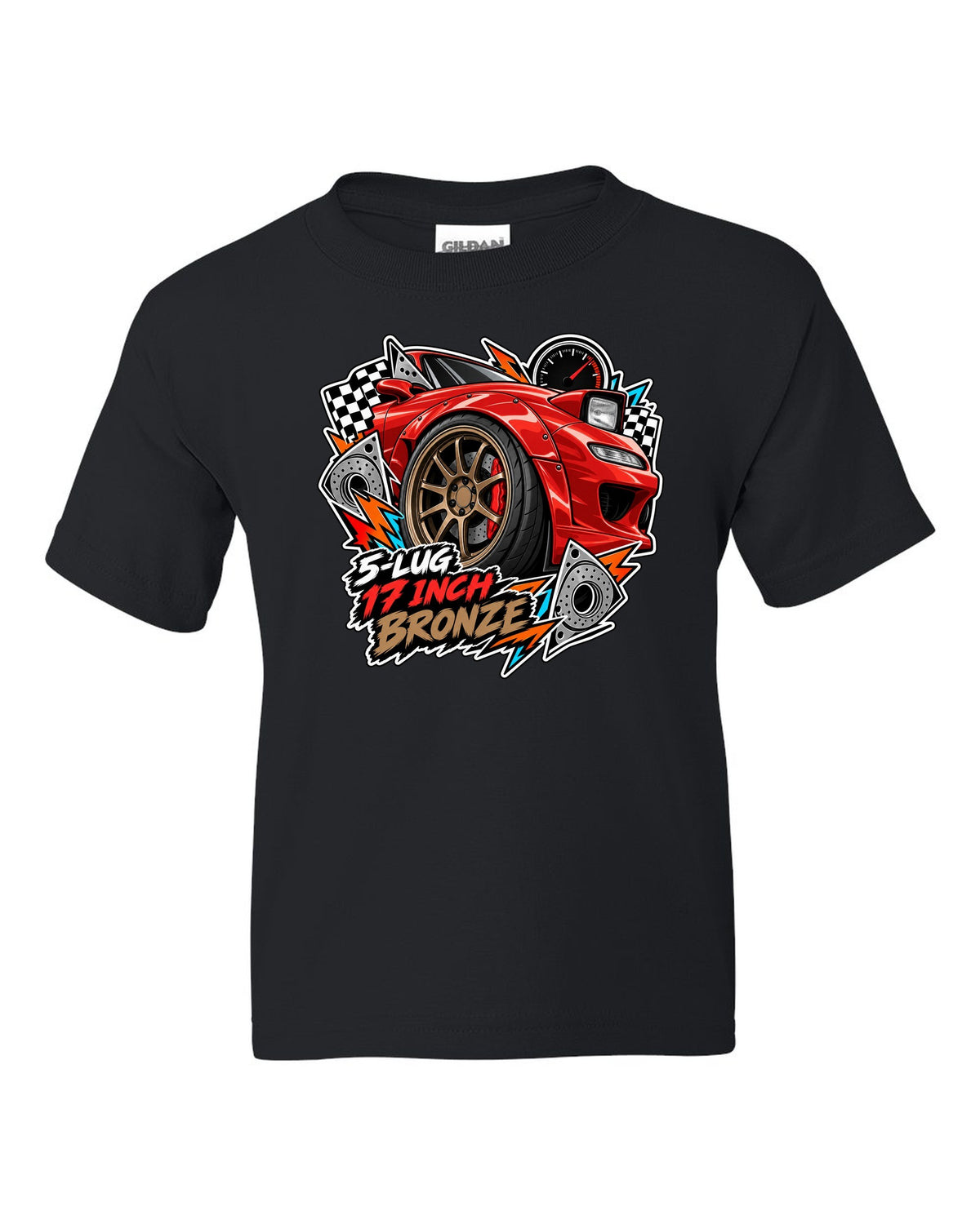 Gauge cluster print of a Mazda RX-7 FD3S boost needle with the text Boost Leak Somewhere black kids tee front view with the design