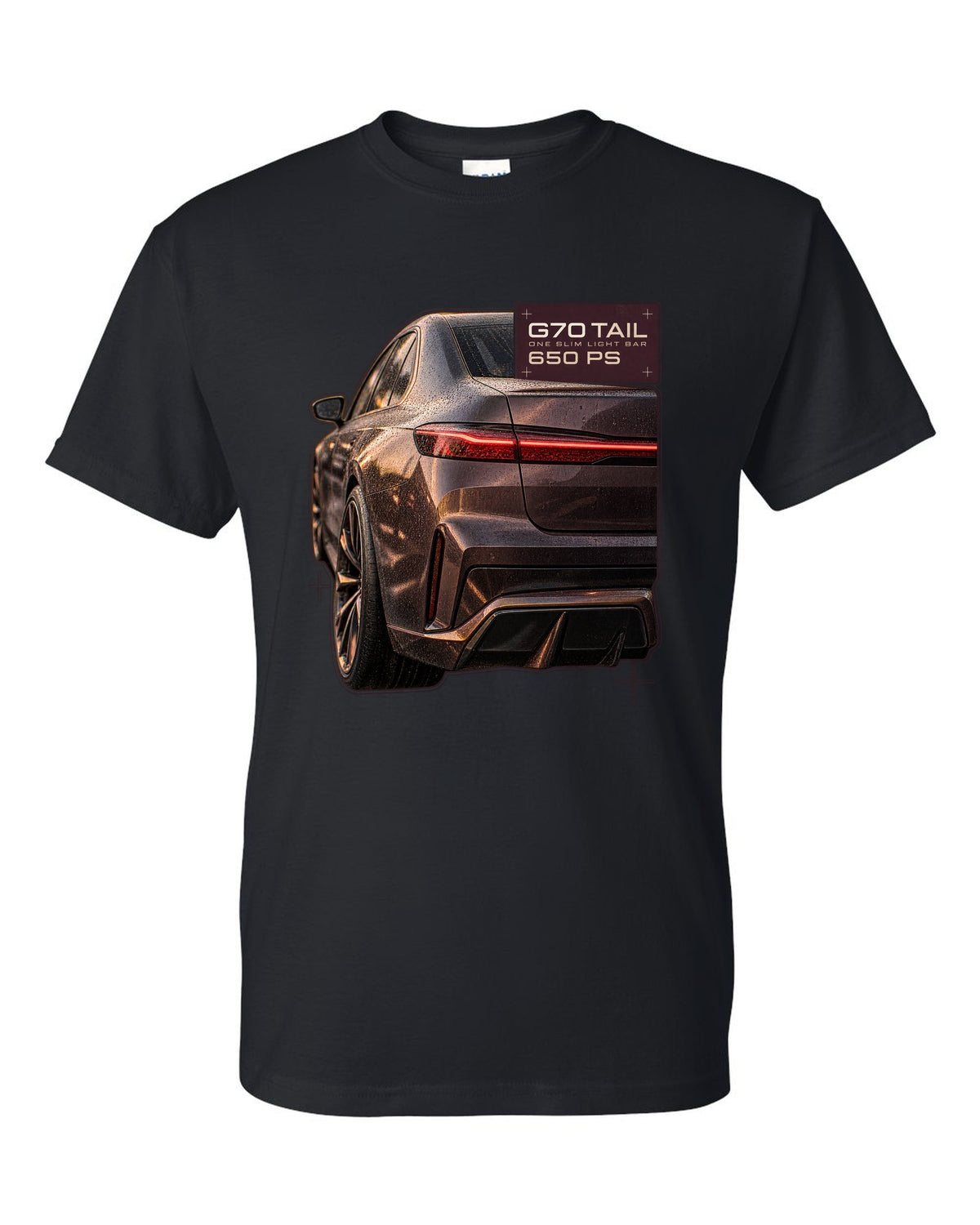 Macro print of the slim taillight bar on a BMW i7 M70 xDrive G70 black t-shirt front view with the design