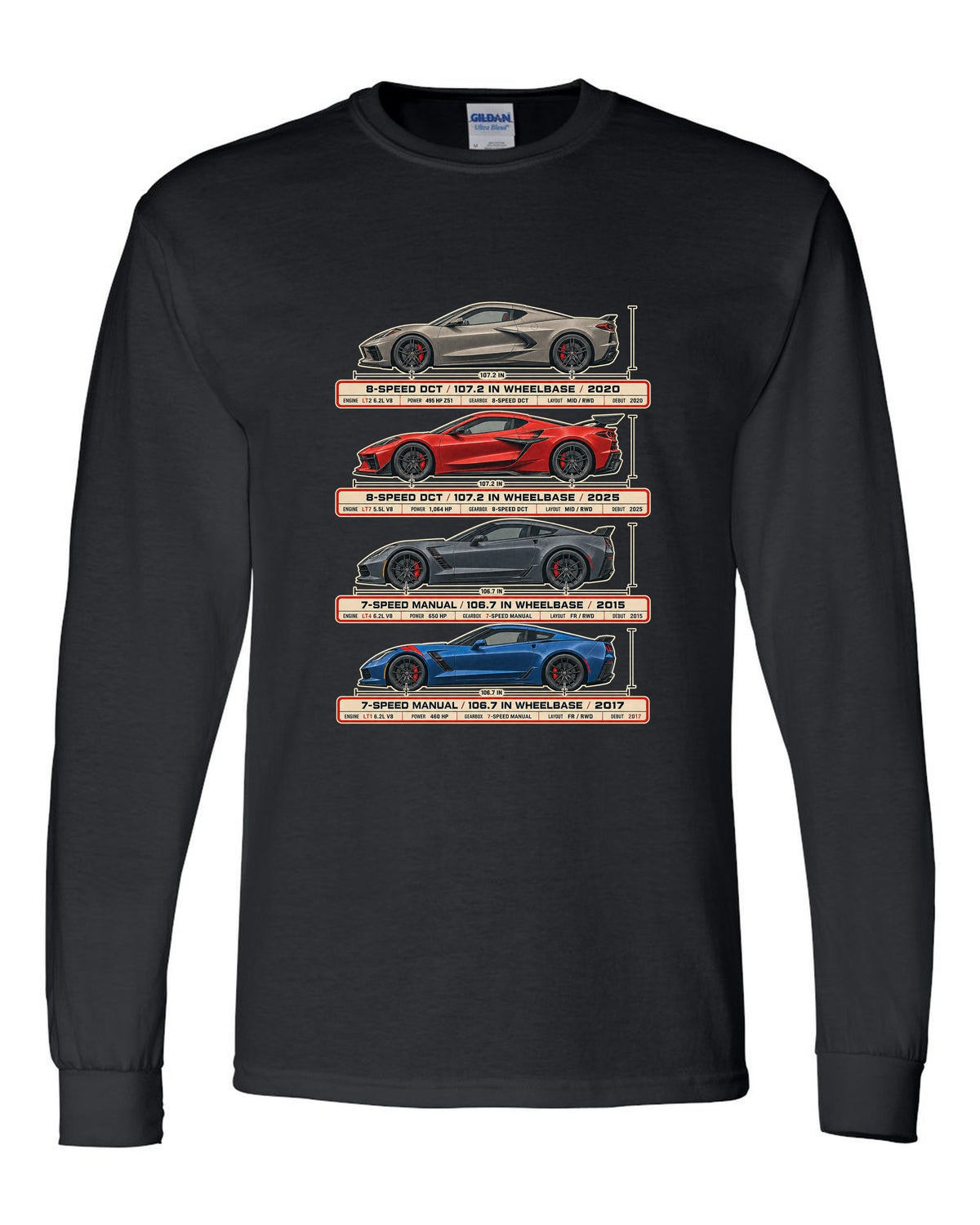 print of a Chevrolet Corvette C8 Stingray spec poster showing DCT and wheelbase figures black long sleeve front view with the design