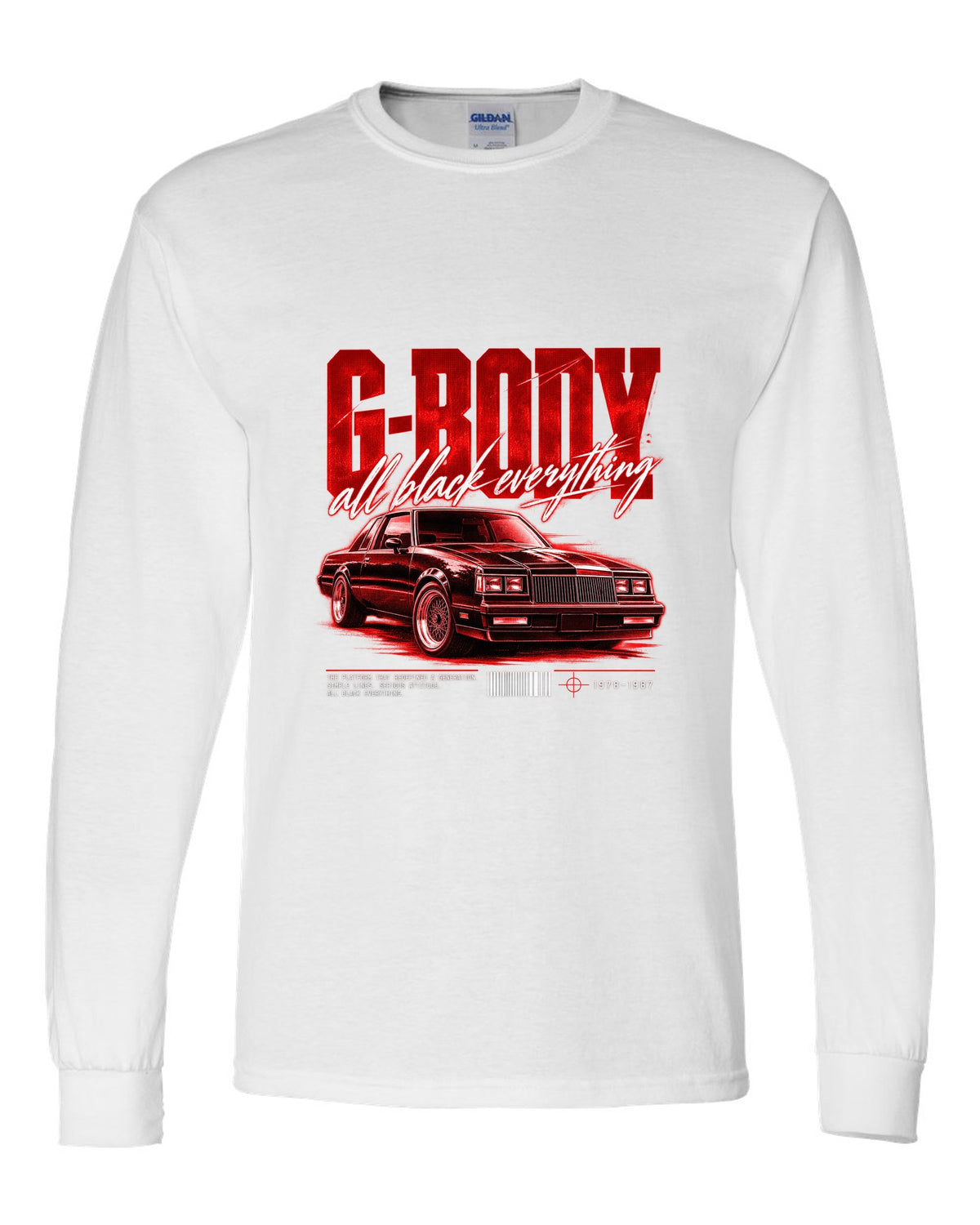 print street poster of an all black Buick Regal G-body coupe 1984-87 white long sleeve front view with the design