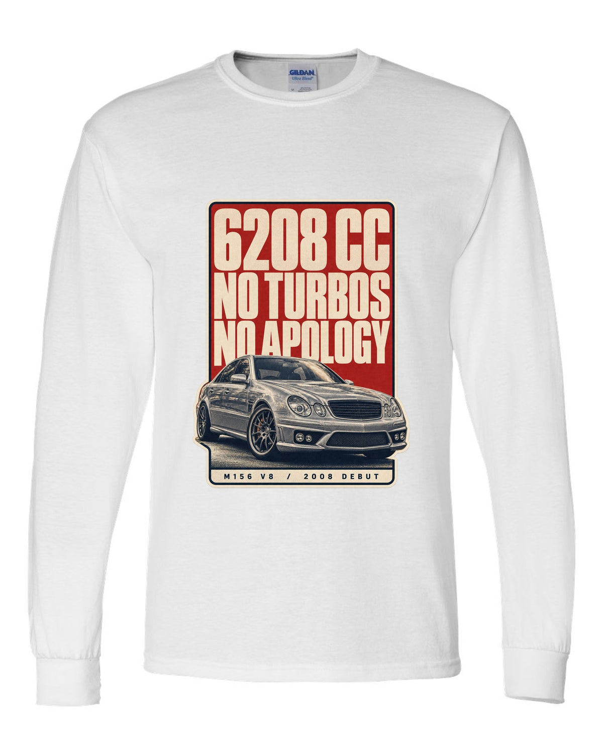 Mercedes-AMG C63 W204 sedan with editorial headline in silver-grey white long sleeve front view with the design