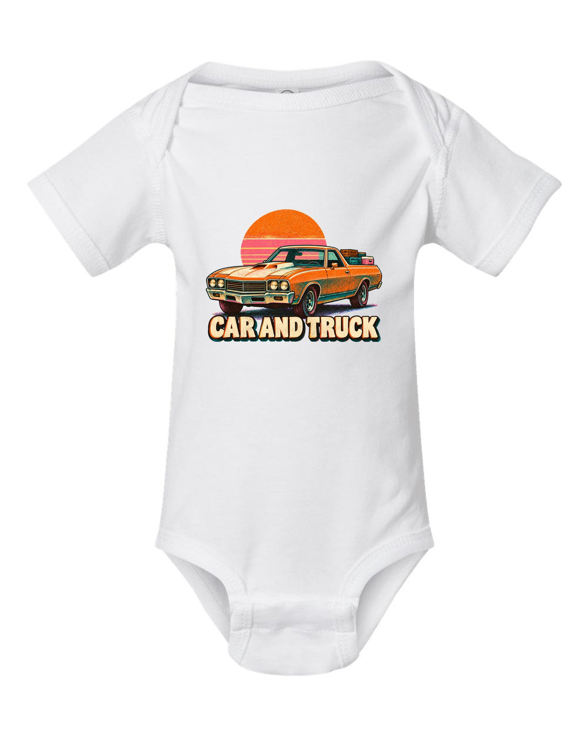 1970 Chevrolet El Camino SS 454 risograph spot-colour print reading Car and Truck white baby onesie front view with the design