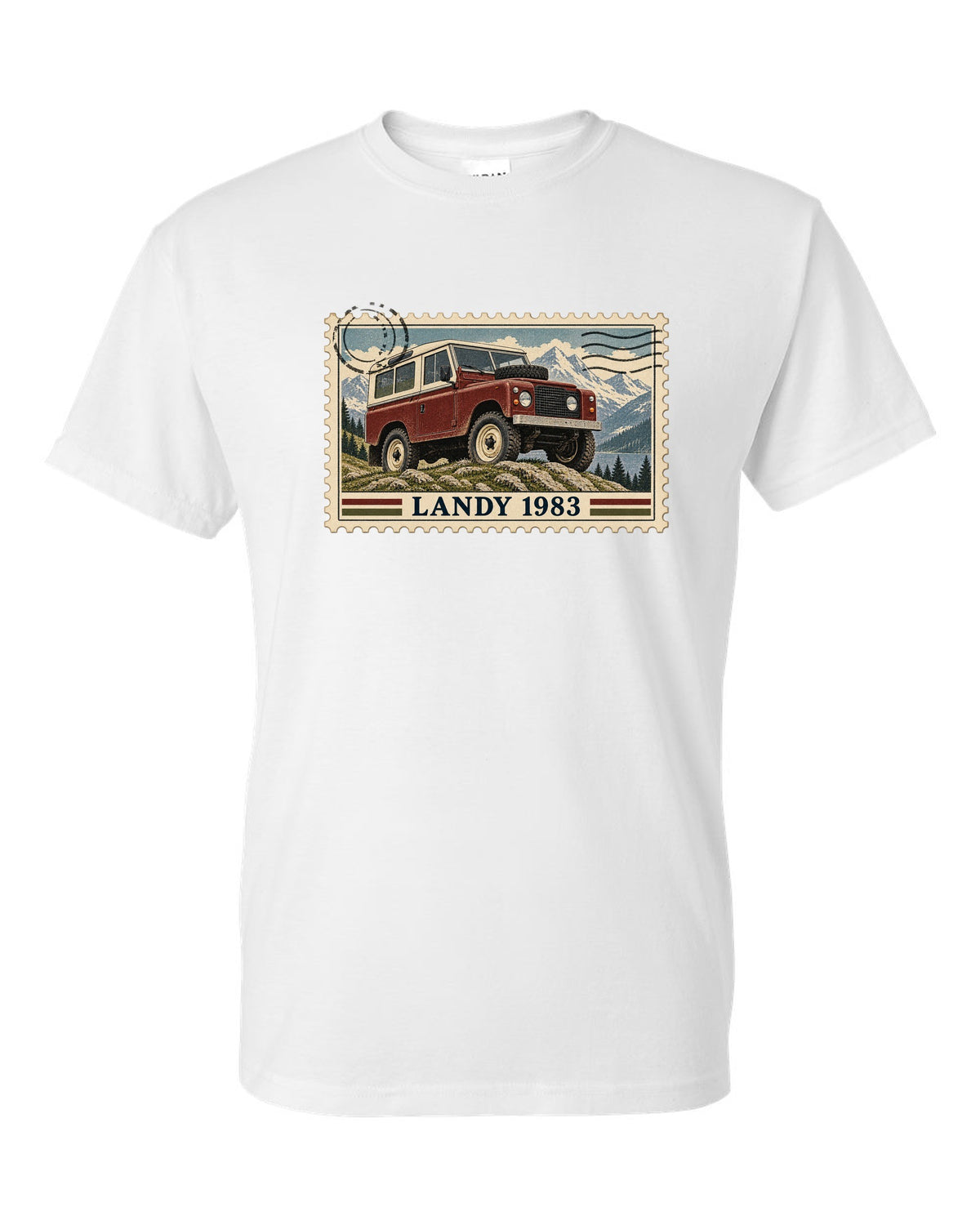 Vintage postage stamp print with perforated edge showing a Land Rover Defender 110, Landy 1983 white t-shirt front view with the design