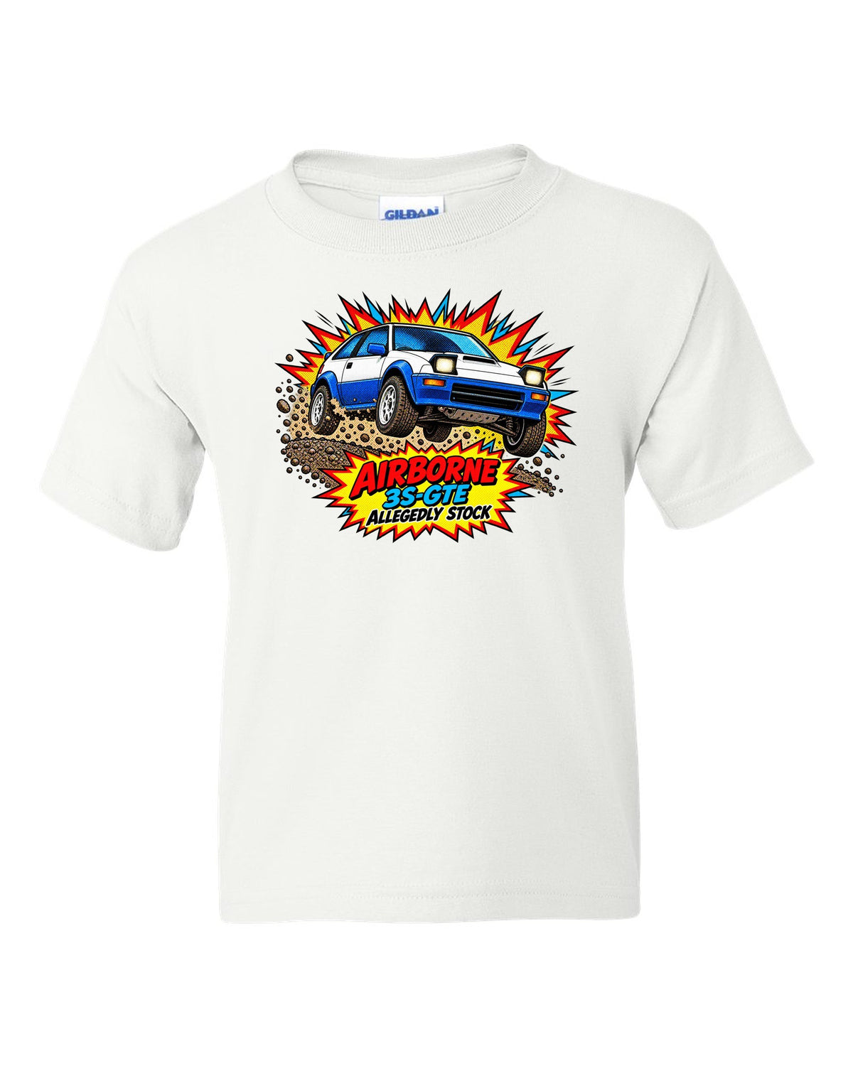 Comic halftone pop art of a Toyota Celica GT-Four ST165 jumping on gravel white kids tee front view with the design