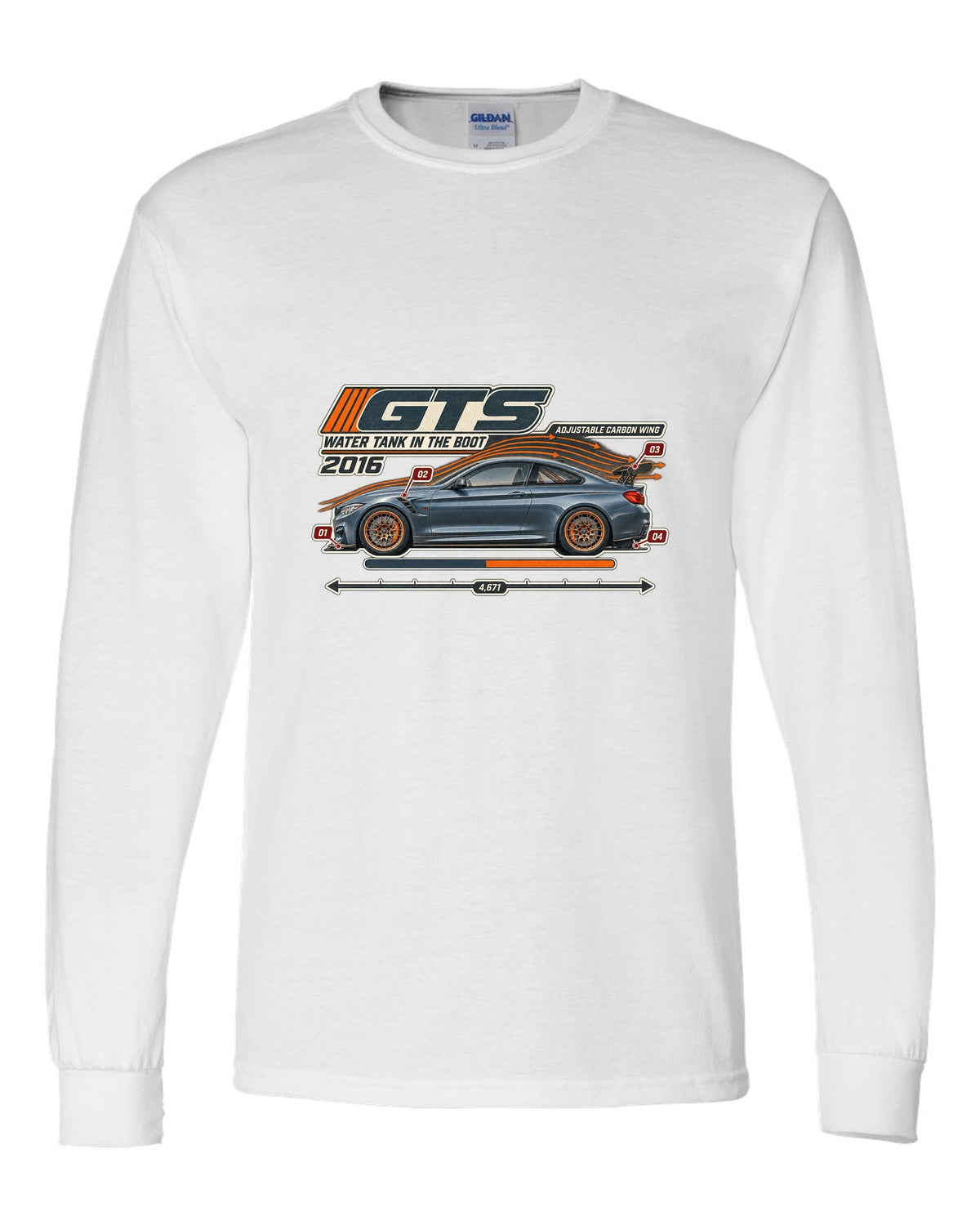 BMW M4 GTS F82 aero cutaway with callouts print white long sleeve front view with the design