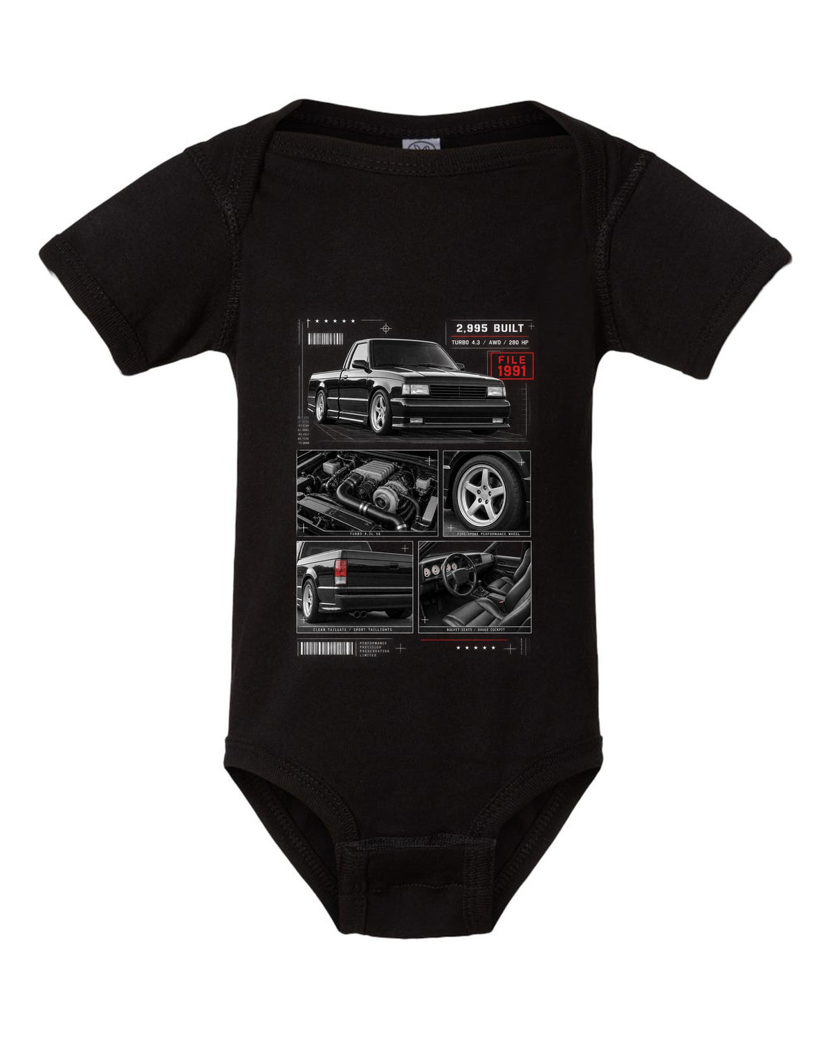 Dossier-style print of a 1991 GMC Syclone with detail panels black baby onesie front view with the design