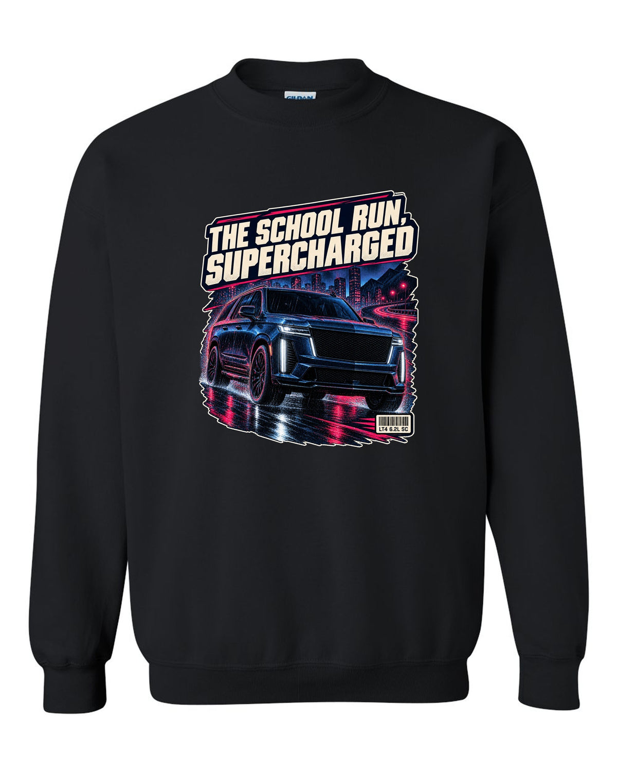 Night street print of a 2023-25 Cadillac Escalade-V black crewneck front view with the design