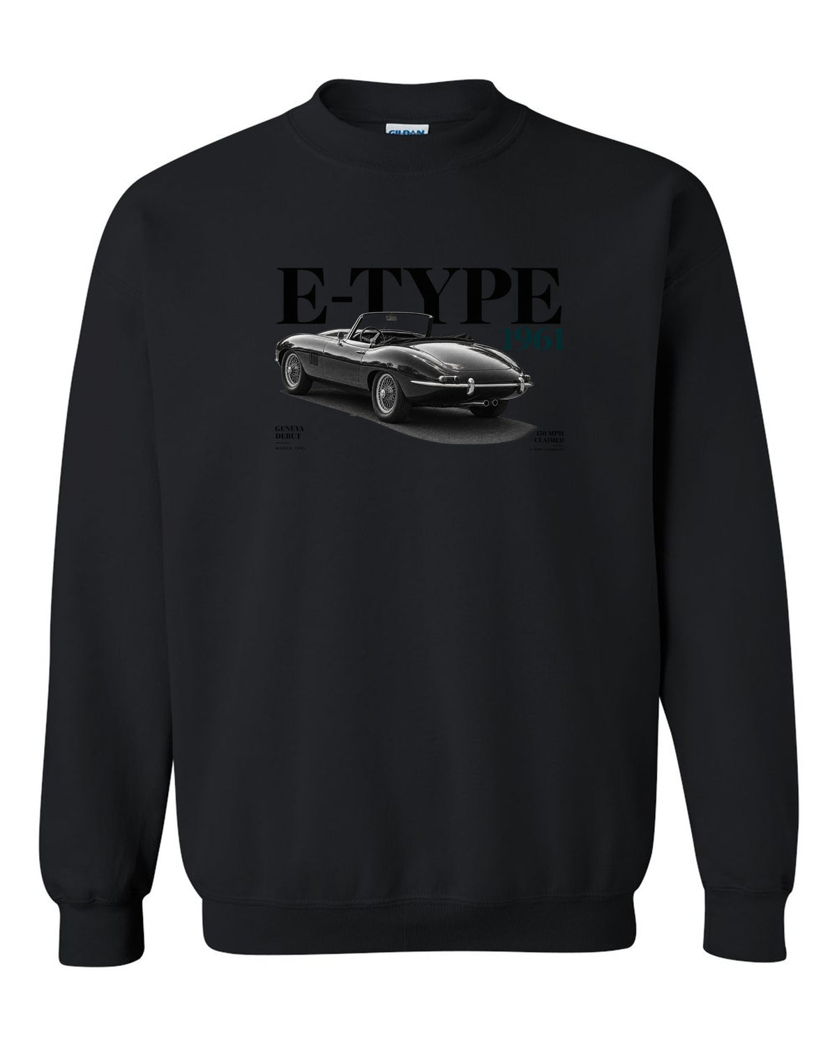 Jaguar E-Type roadster 1961 Geneva debut editorial poster black crewneck front view with the design