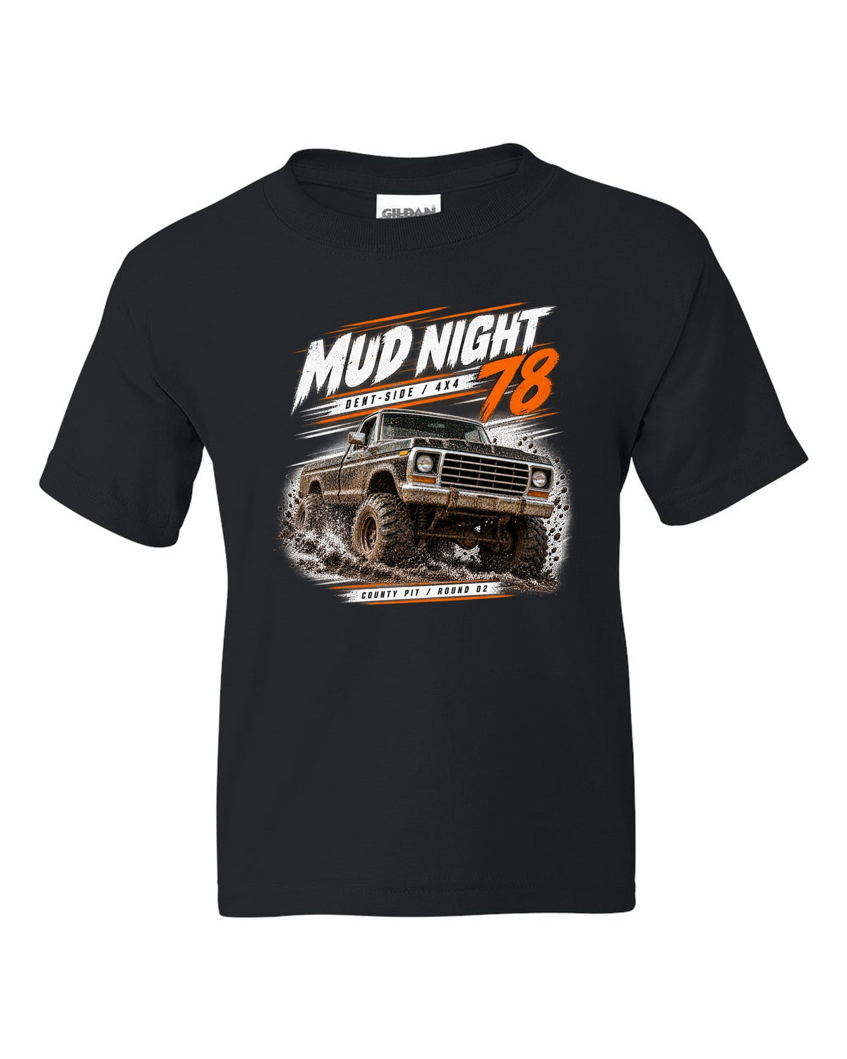 Ford F-150 Dent-Side 1973-79 4x4 Mud Night Race Poster Tee black kids tee front view with the design