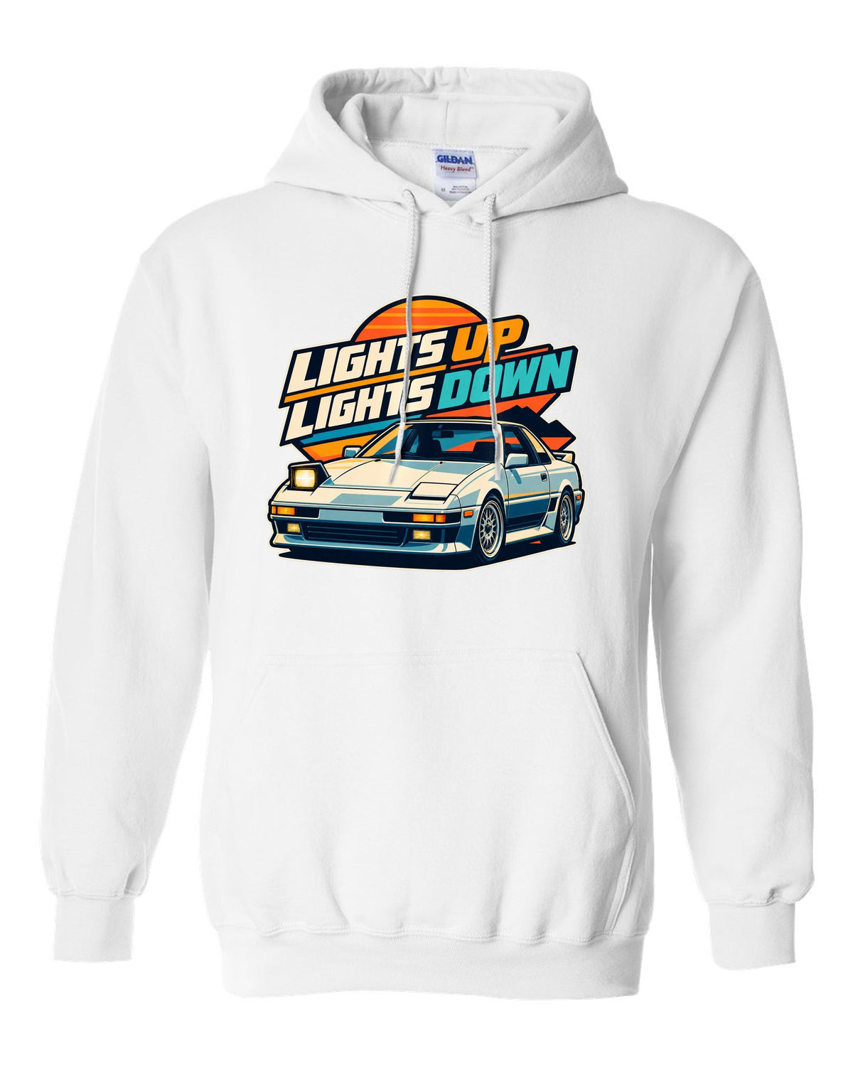 Pixel art of a Toyota AE86 Sprinter Trueno with pop-up headlights raised white pull over hoodie front view with the design