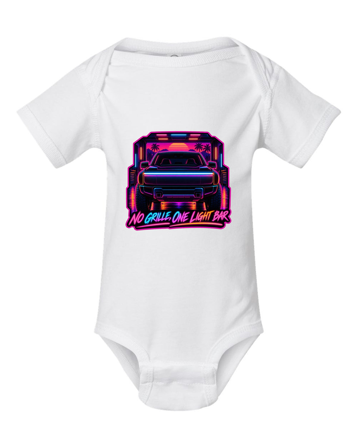 Ford F-150 Lightning neon synthwave glow print with no grille and one light bar text white baby onesie front view with the design