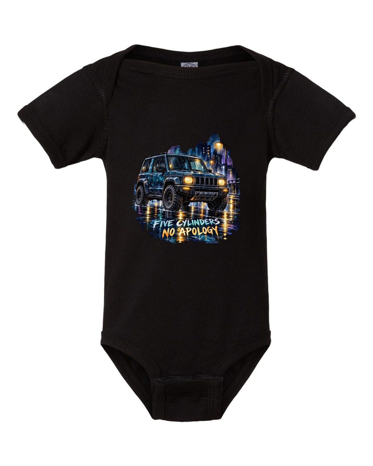 Watercolour wash wet street scene with a 2006-2010 Hummer H3 and FIVE CYLINDERS / NO APOLOGY text black baby onesie front view with the design