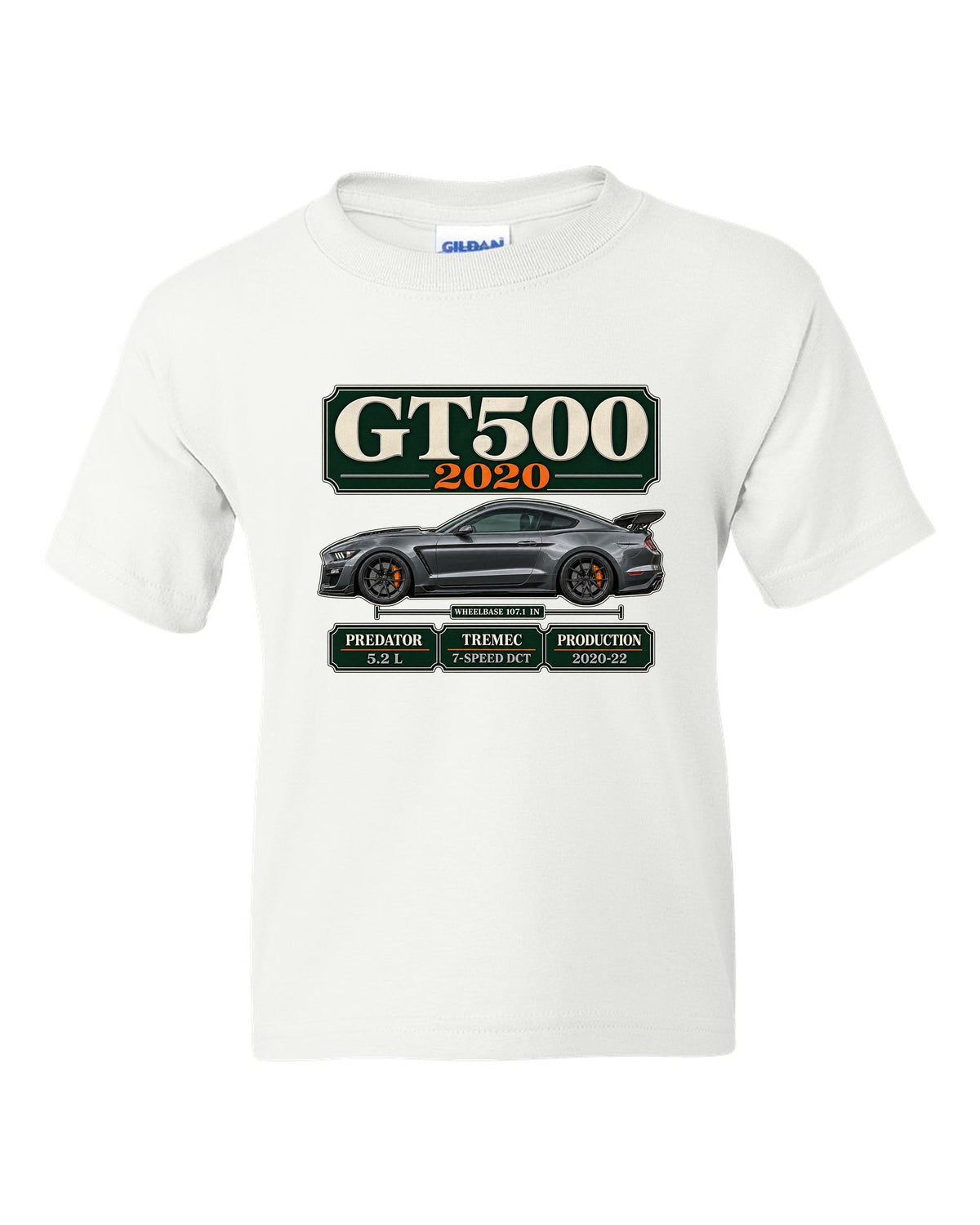 Ford Mustang S550 Shelby GT500 2020 archive panel print with engine and gearbox details white kids tee front view with the design
