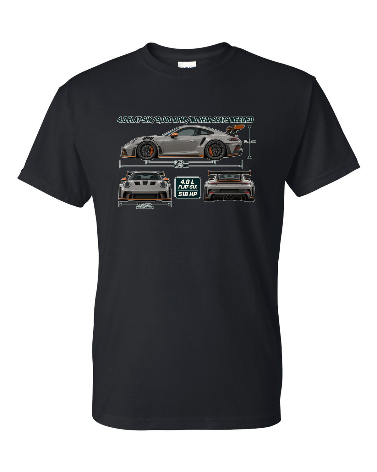 Three-view drawing and spec table of a Porsche 911 GT3 RS 992 in warm grey black t-shirt front view with the design