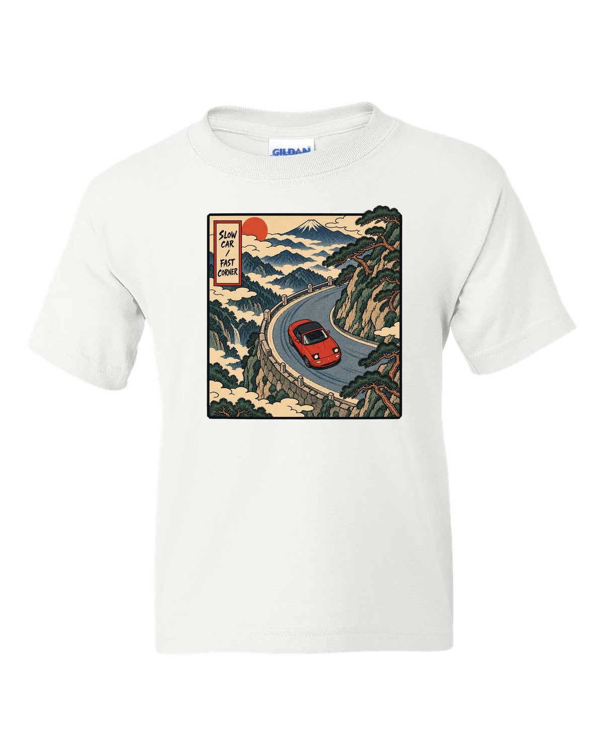 Flat silhouette row of Mazda MX-5 NA, NB, NC and ND generations white kids tee front view with the design