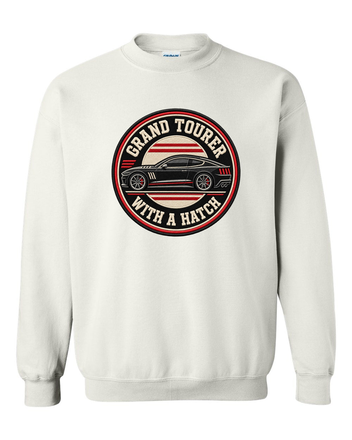 Embroidery varsity crest print for a Kia Stinger GT CK with grand tourer with a ch text white crewneck front view with the design