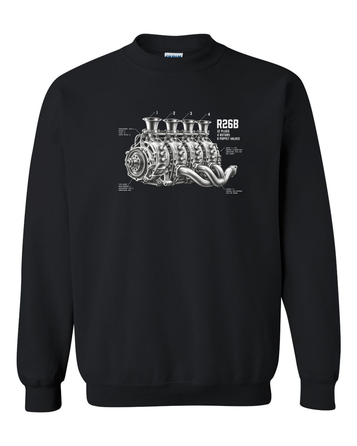 Mazda 787B R26B four-rotor engine illustration with 12 plugs and 4 rotors text black crewneck front view with the design