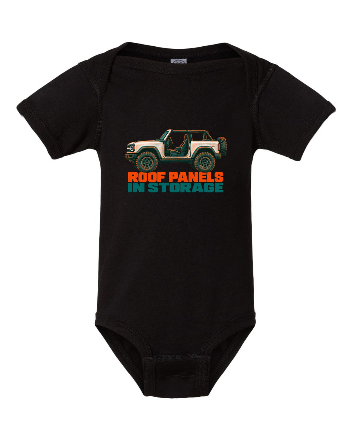 Risograph two-colour print of the Ford Bronco two-door U725 with roof panels in storage text black baby onesie front view with the design