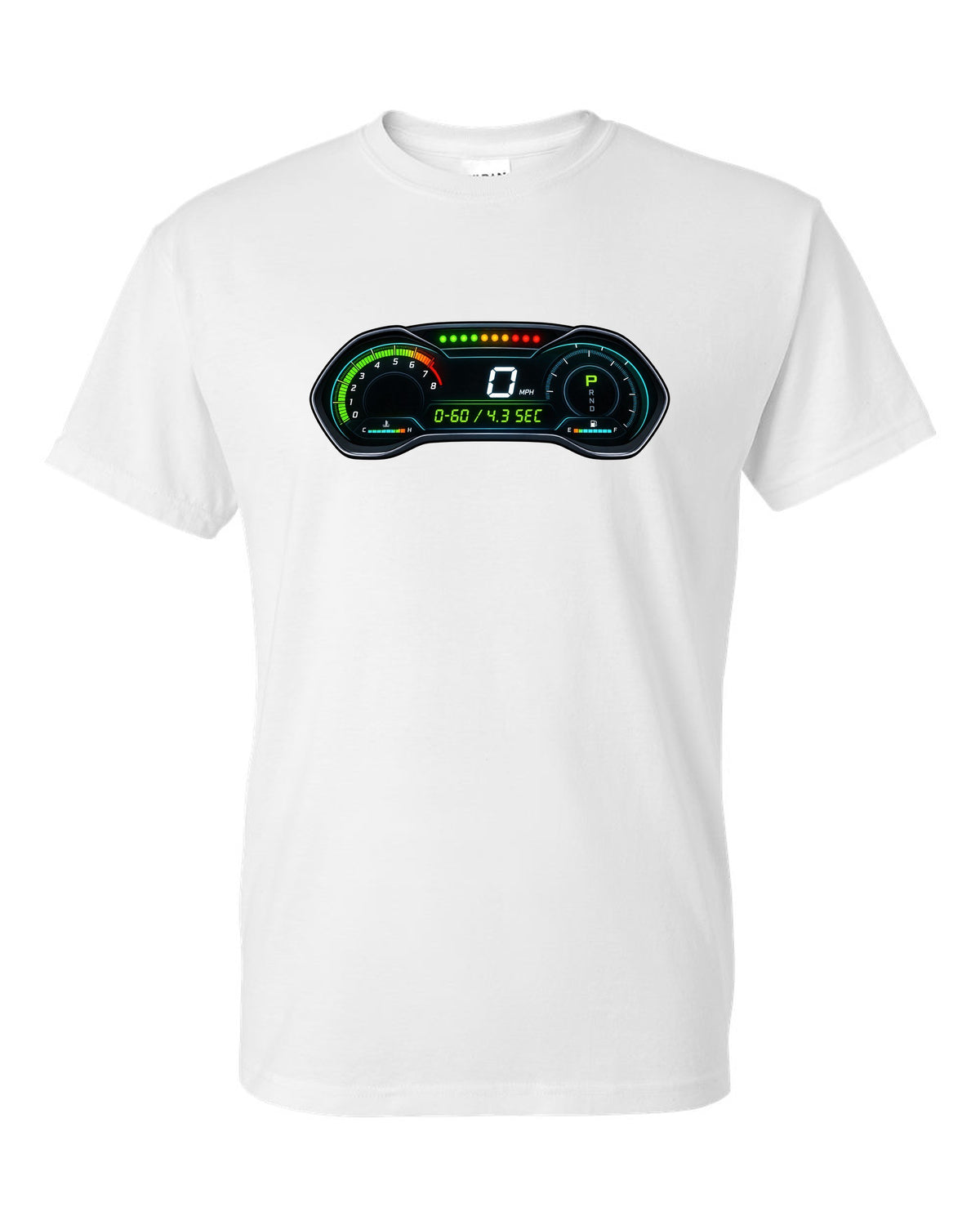 Retro manga halftone panel print of an S550 Mustang fastback doing a line lock burnout white t-shirt front view with the design