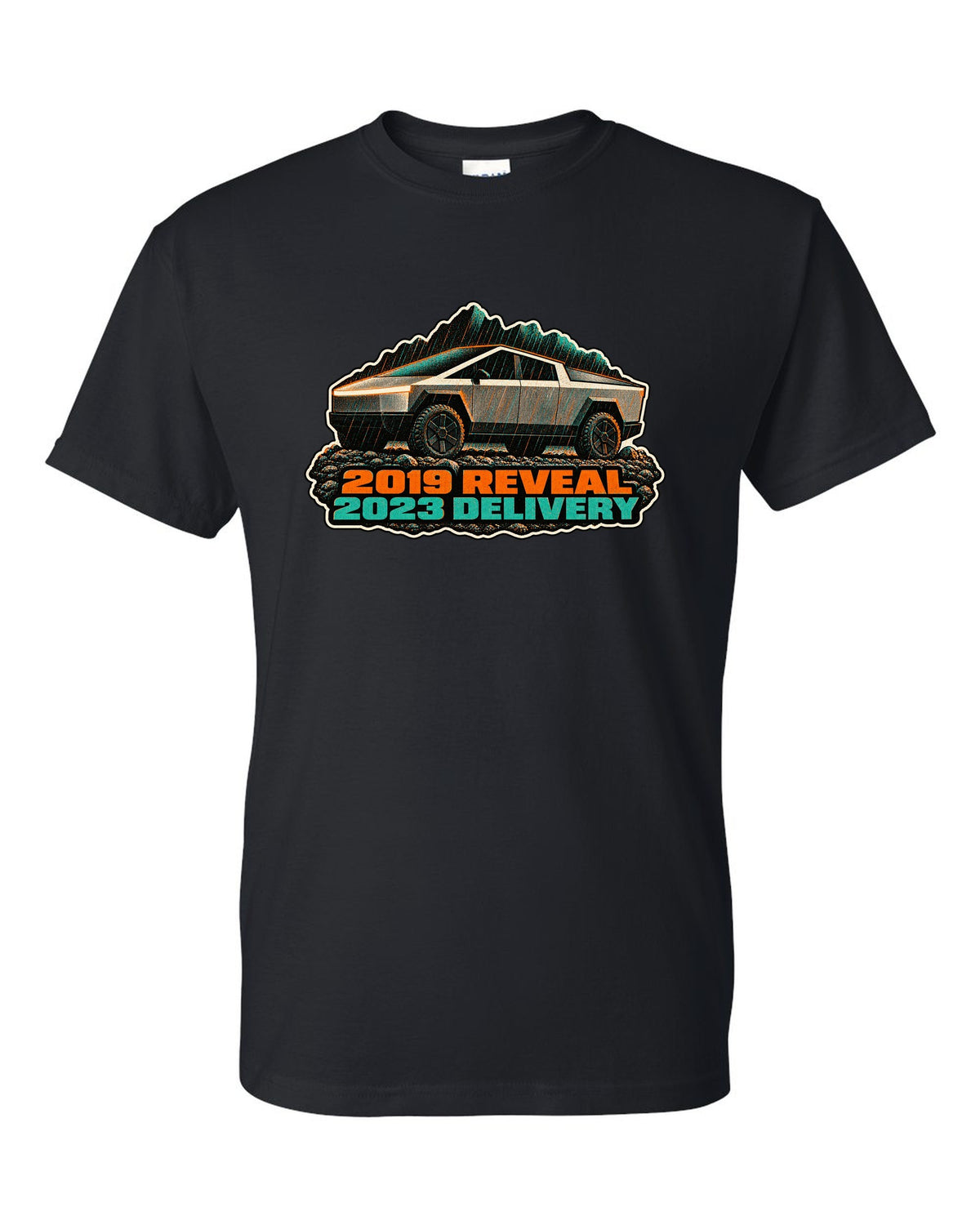 Risograph two-colour print of a 2023 Tesla Cybertruck in gravel and rain with 2019 Reveal 2023 Delivery lettering black t-shirt front view with the design