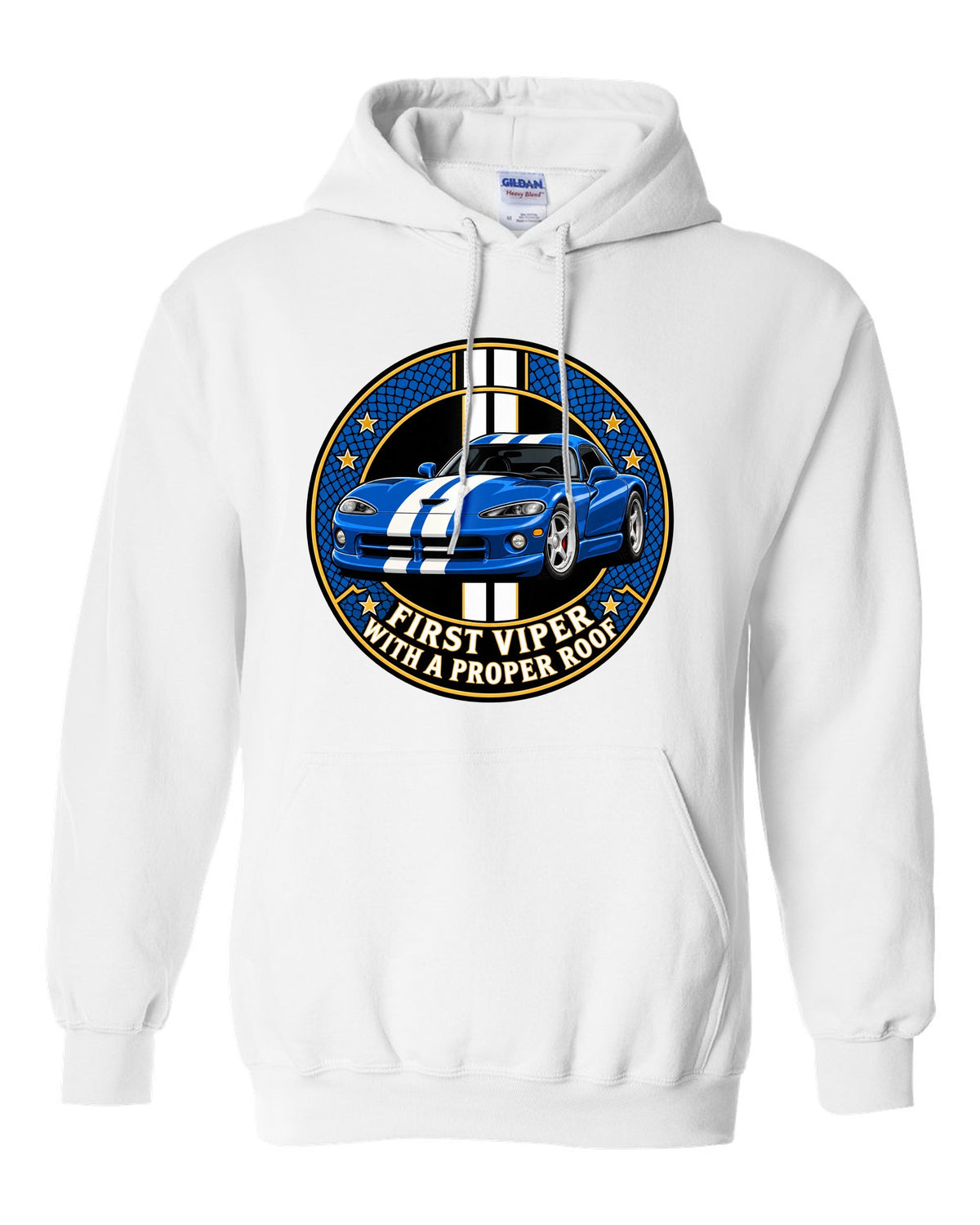 Original crest design print of a 1996 Dodge Viper GTS SR II with proper roof text white pull over hoodie front view with the design