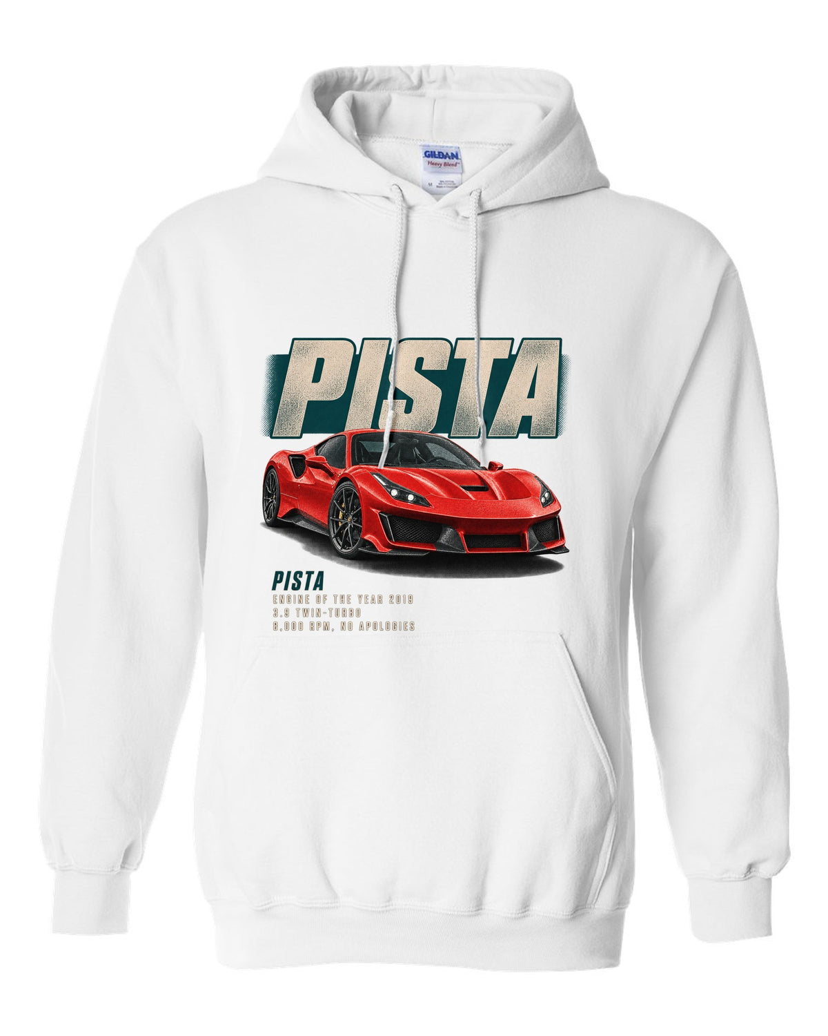 Editorial headline print of a red Ferrari 488 Pista in front three-quarter view white pull over hoodie front view with the design