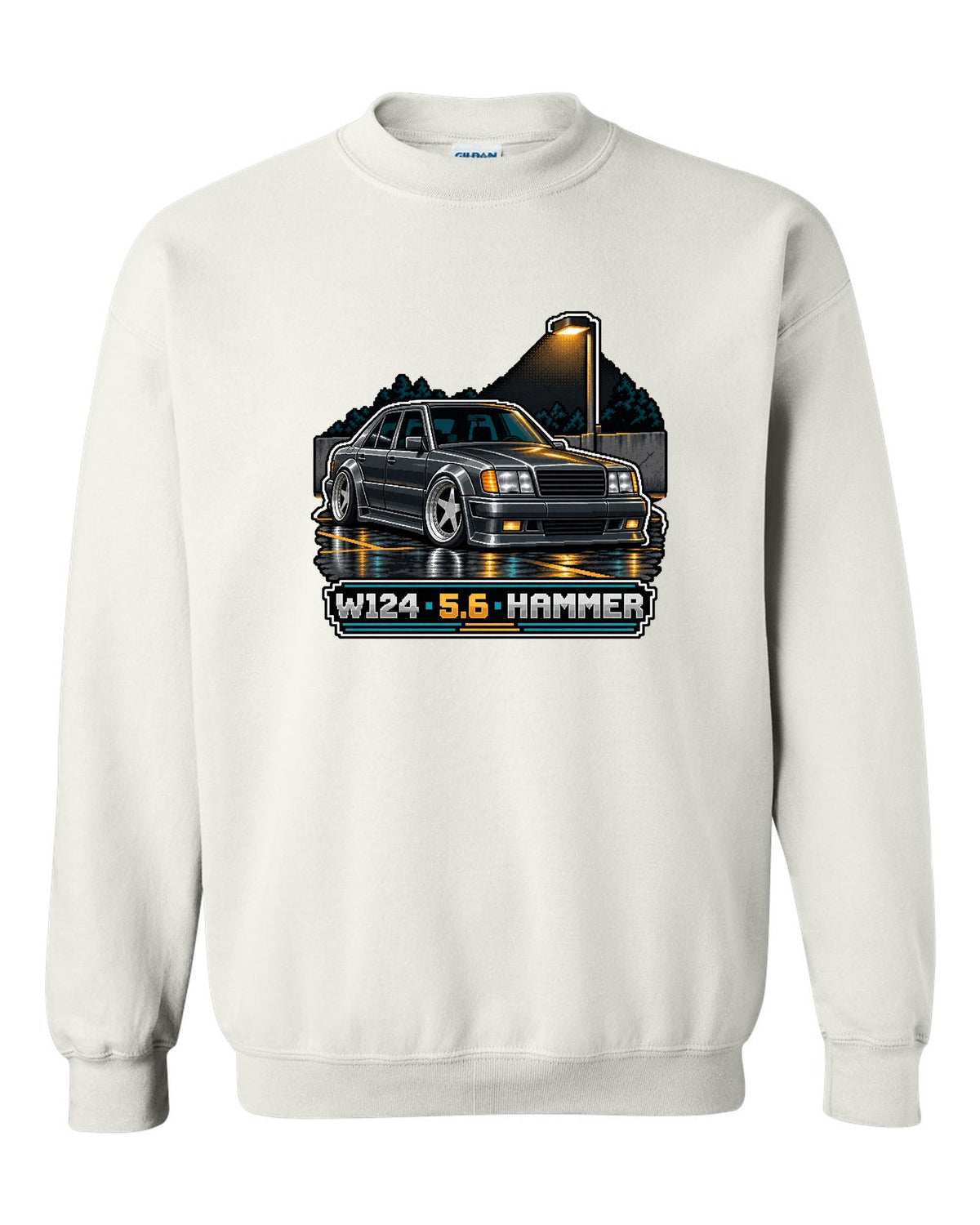 Pixel art Mercedes 300E 5.6 Hammer W124 parked in a car park white crewneck front view with the design