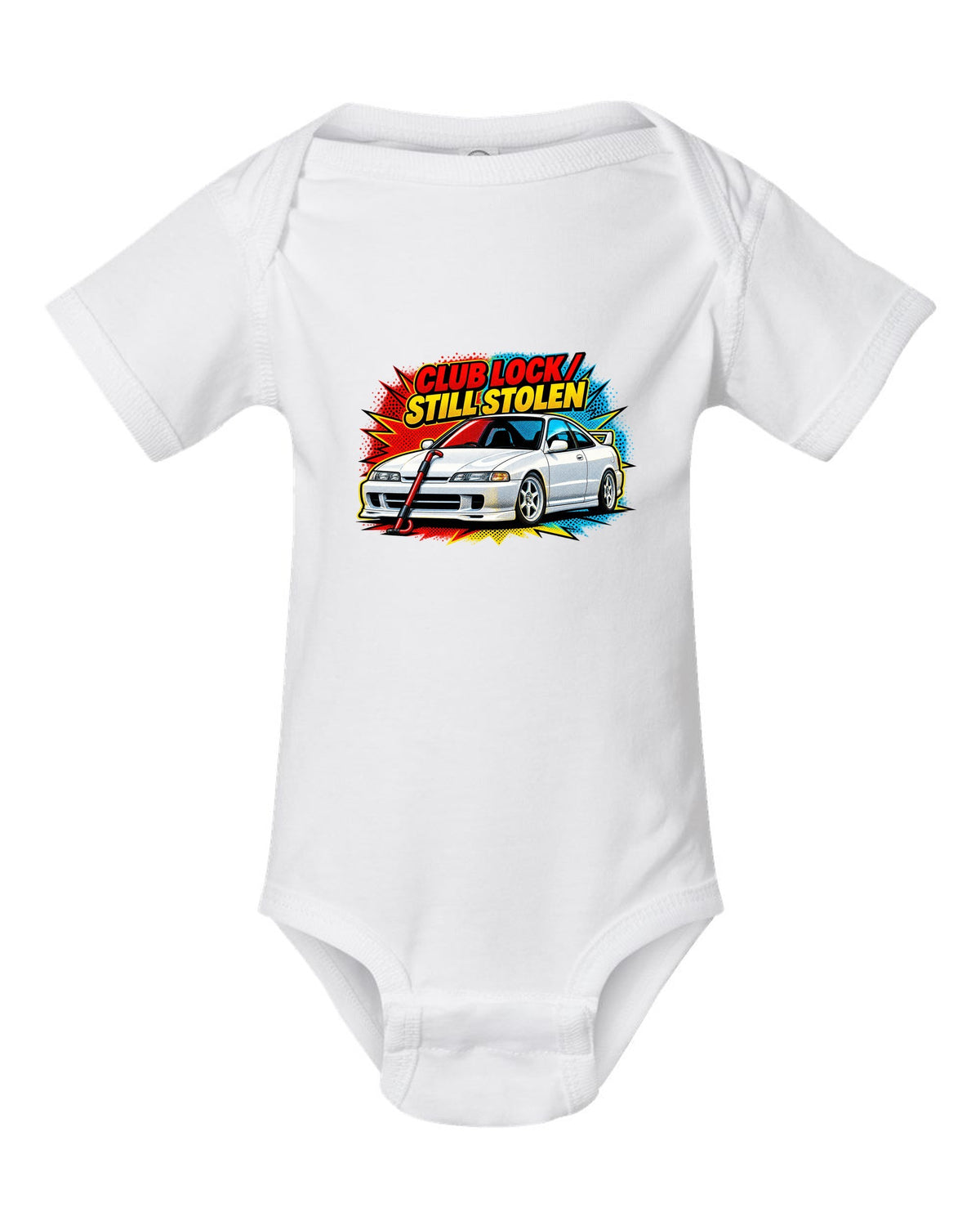 Pop-art halftone split of a 1995 Honda Integra DC2 coupe with Club Lock Still Stolen lettering white baby onesie front view with the design