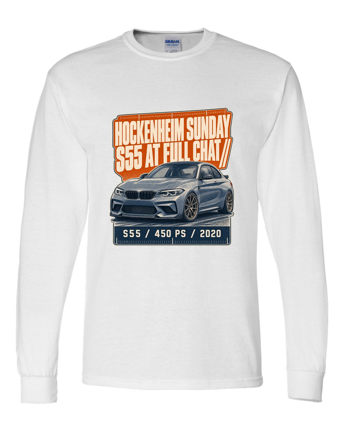 BMW M2 CS F87 halftone statement print with Hockenheim Sunday and S55 text white long sleeve front view with the design