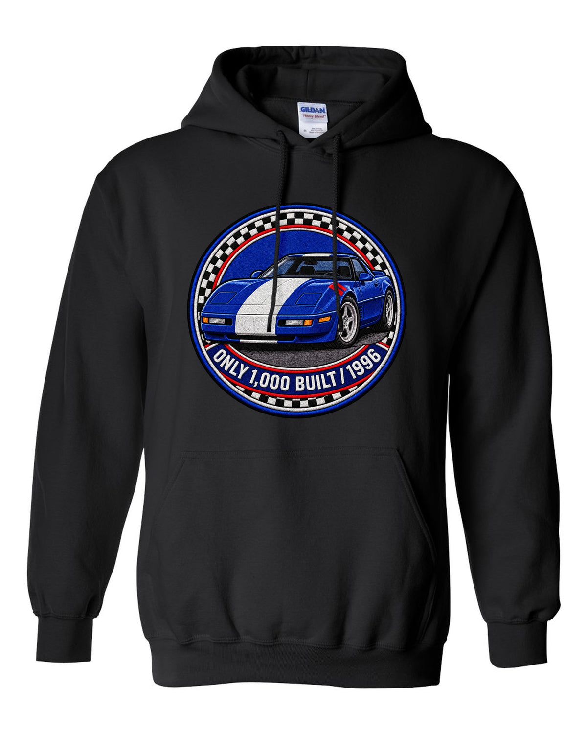 Embroidery style varsity crest print of a 1996 Chevrolet Corvette C4 Grand Sport with Only 1,000 Built text black pull over hoodie front view with the design