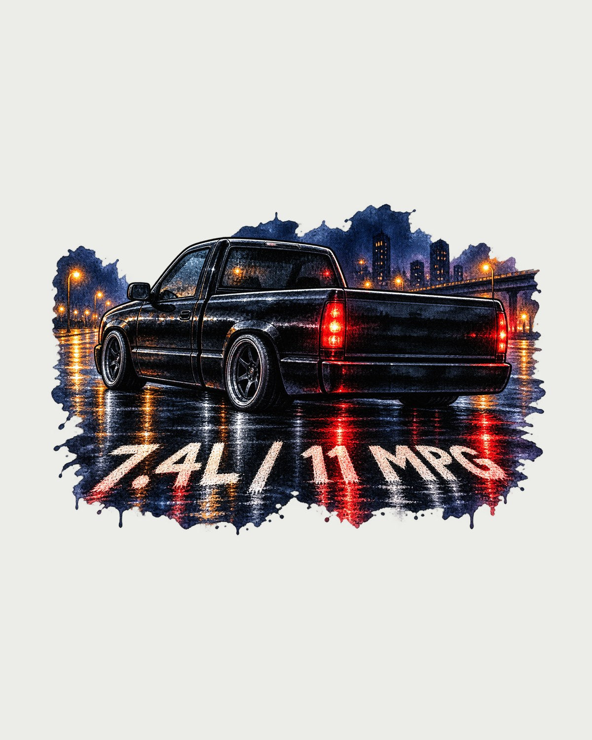 Chevy 454 SS Pickup 80s Airbrush Chrome Tee, 7.4L 11 MPG design only