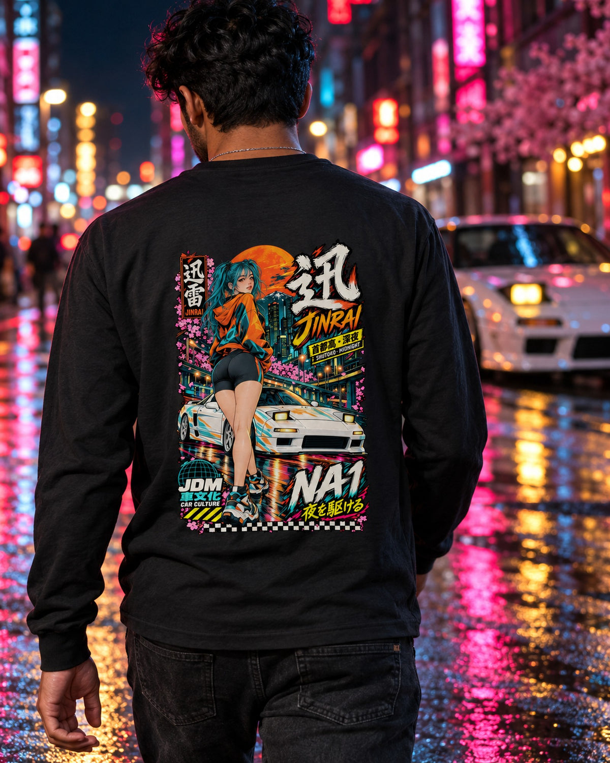 JINRAI NA1 Anime Girl Full-Back Graphic Tee Long Sleeve Black worn hero