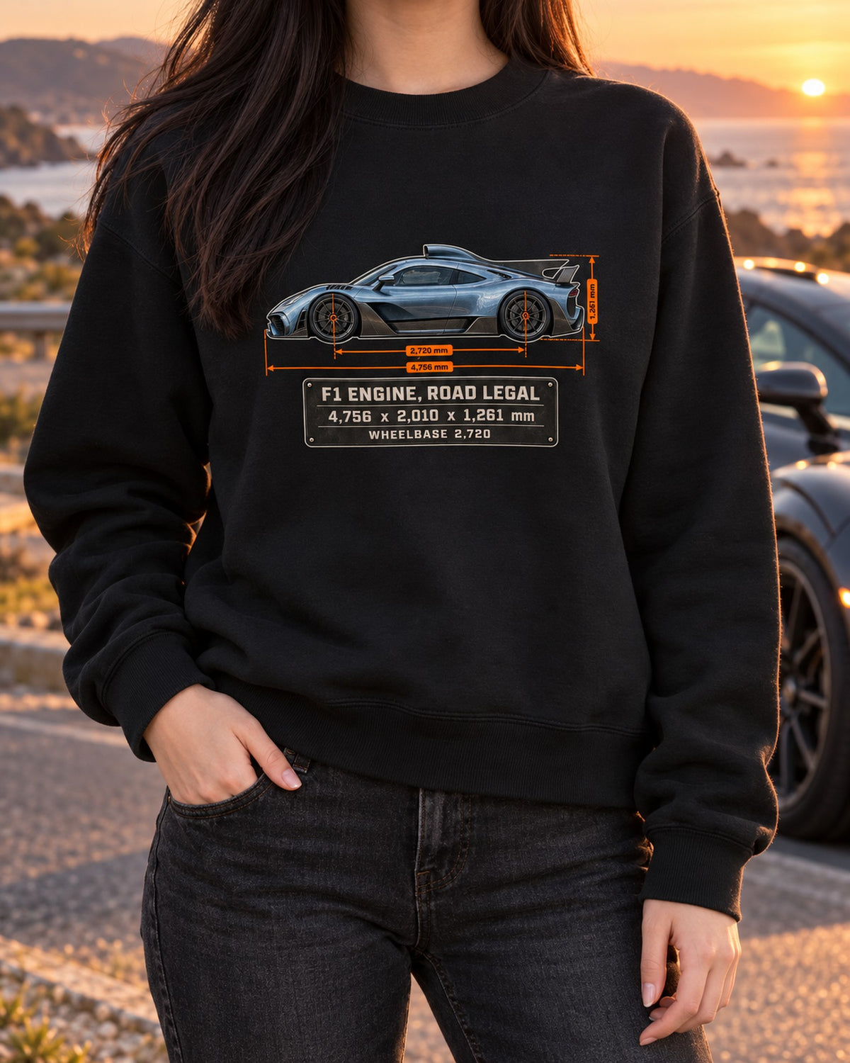 Mercedes-AMG One Dimension Blueprint Shirt, Hypercar Car Guy Gift Crewneck Black worn hero