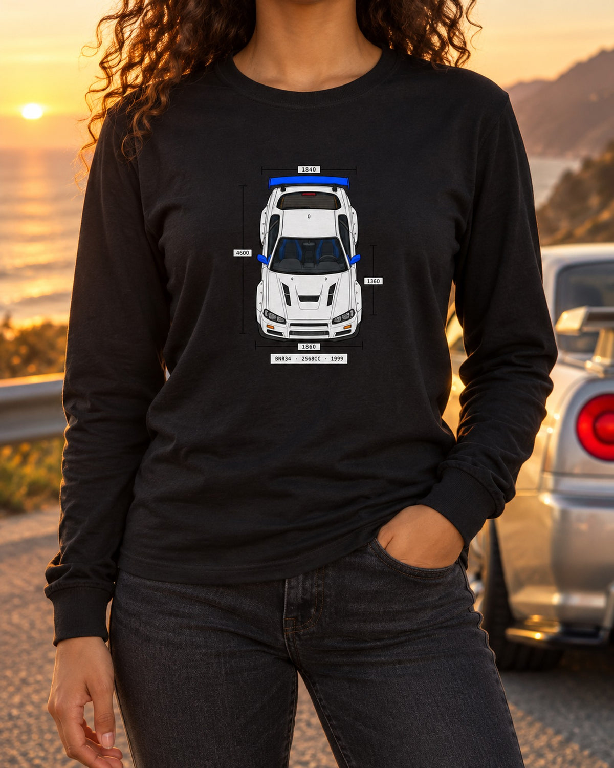 R34 GT-R BNR34 Spec Sheet Data Plate print Shirt Long Sleeve Black worn hero