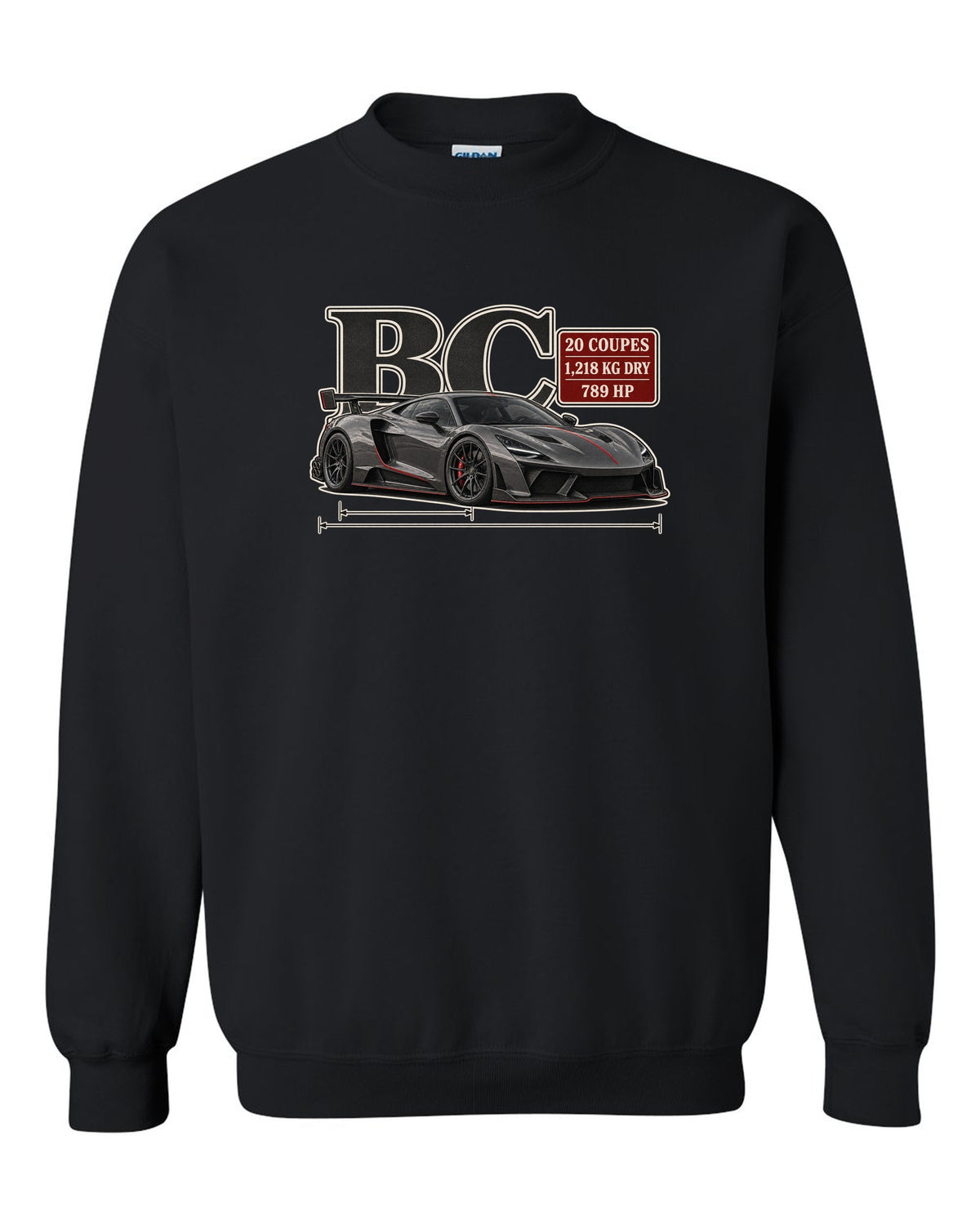 Archive panel print of the Pagani Huayra BC with the text BC, 20 coupes, 1,218 kg dry, 789 hp black crewneck front view with the design