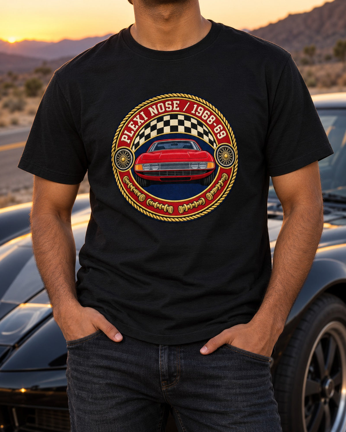 Ferrari 365 GTB/4 Daytona Four Cams Crest Tee, Classic Car Gift T-Shirt Black worn hero