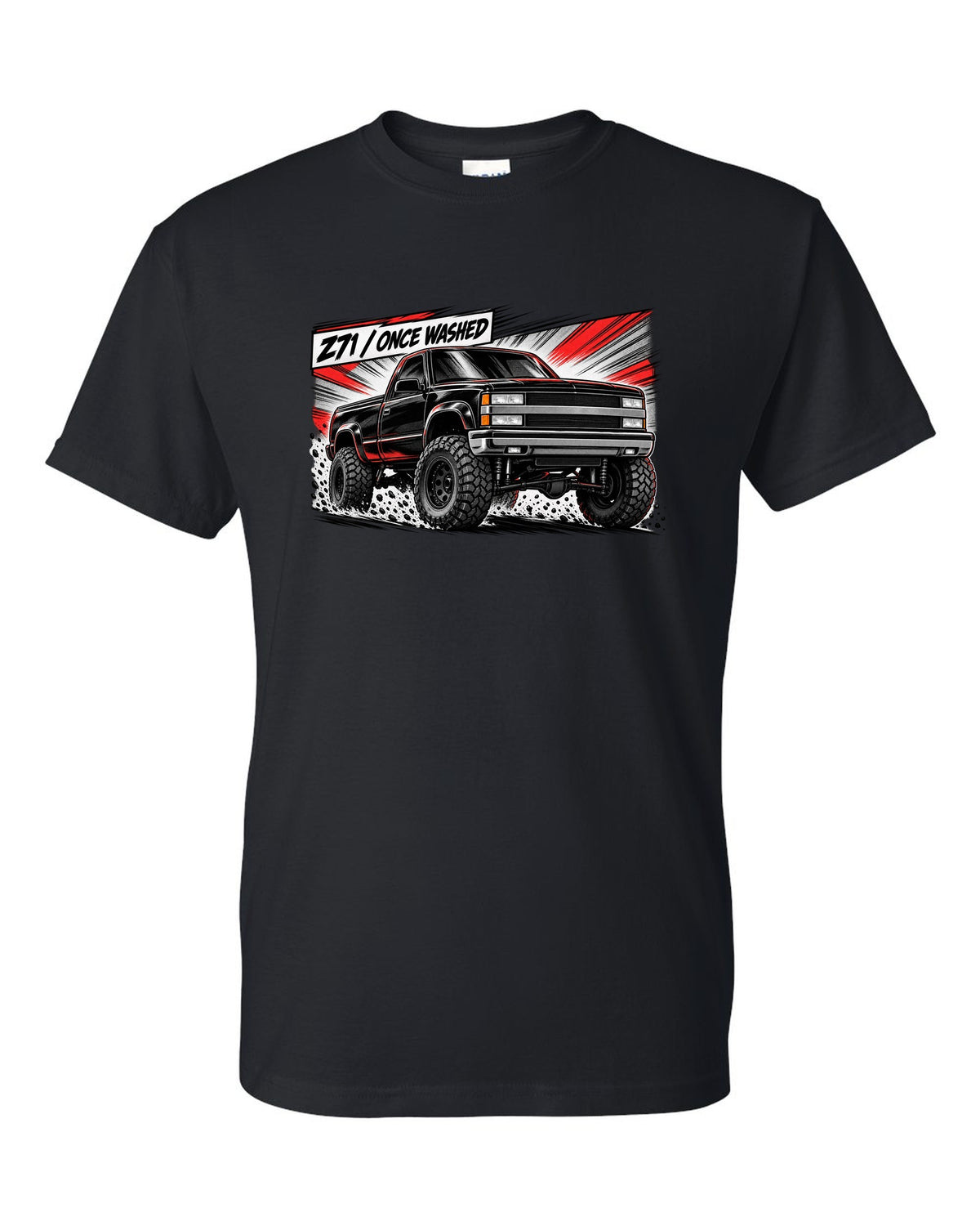 Retro manga halftone panel print of a 1988-98 Chevrolet GMT400 K1500 Z71 OBS with Z71 once washed lettering black t-shirt front view with the design