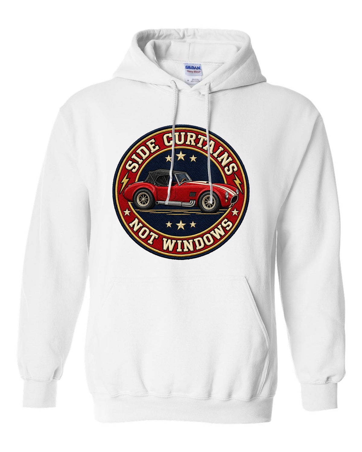 Embroidery-style varsity crest design with a 1992 Dodge Viper RT/10 SR I white pull over hoodie front view with the design