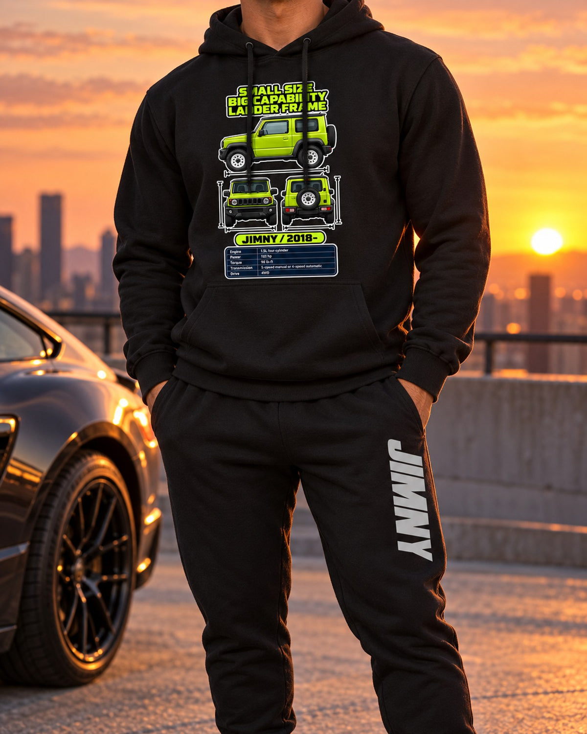 Suzuki Jimny JB74 Spec Sheet Hoodie + Jogger Set Black worn hero
