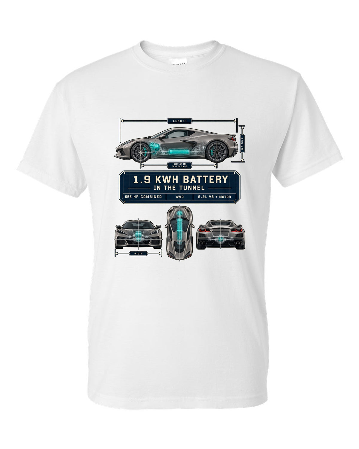 Dimension blueprint print of a Chevrolet Corvette C8 E-Ray with 1.9 kWh battery in the tunnel white t-shirt front view with the design