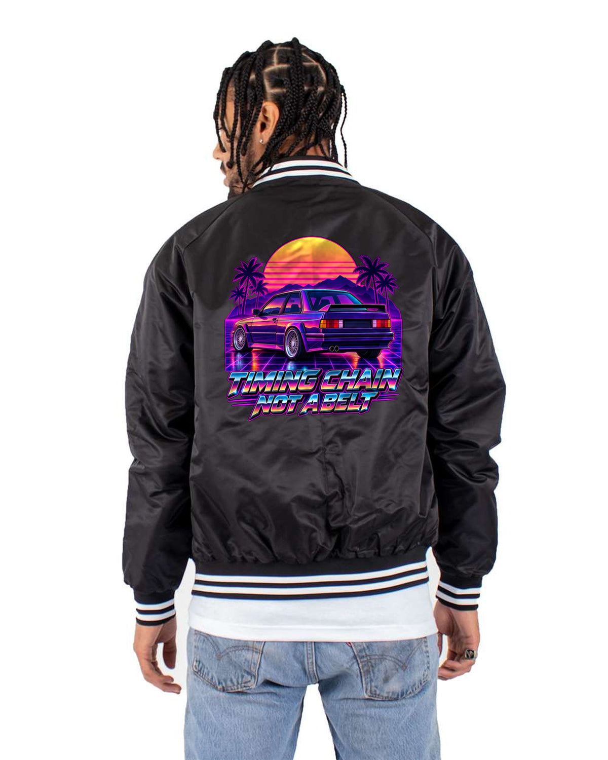 BMW E30 M3 Dusk Taillight Synthwave Outrun Car Shirt Bomber Jacket Black back