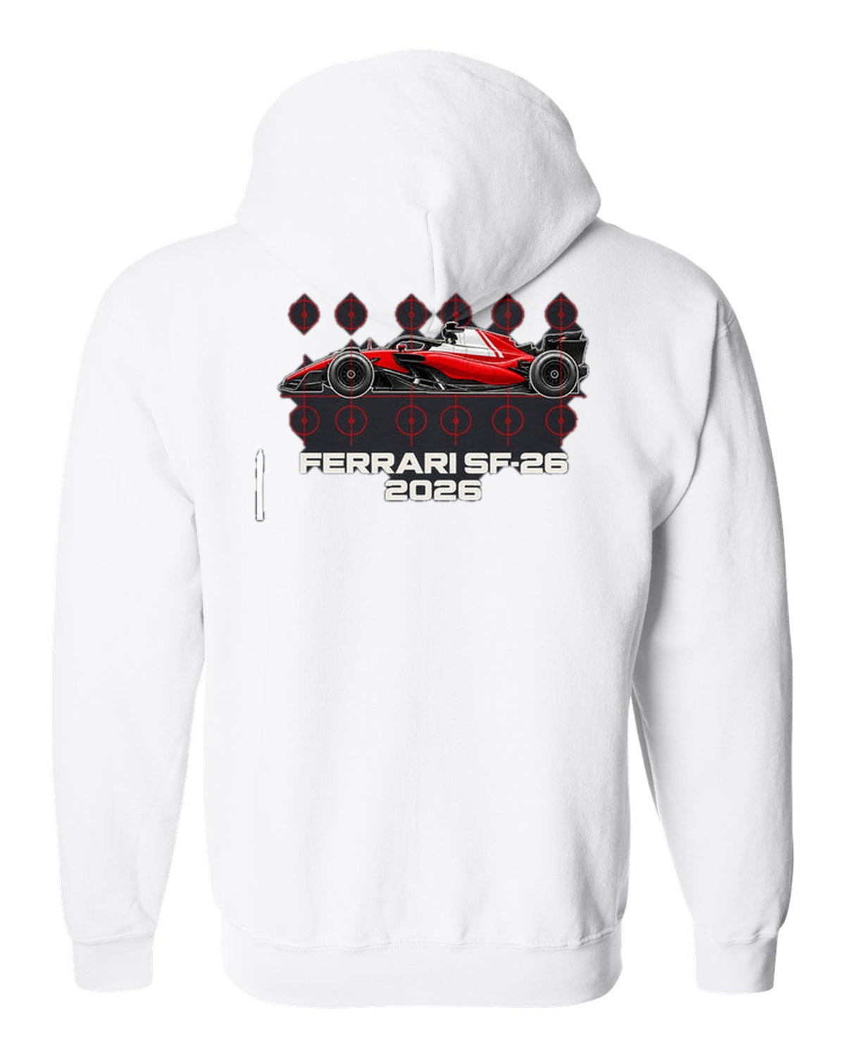 Ferrari SF-26 2026 F1 car technical poster artwork white zip hoodie back view with the design