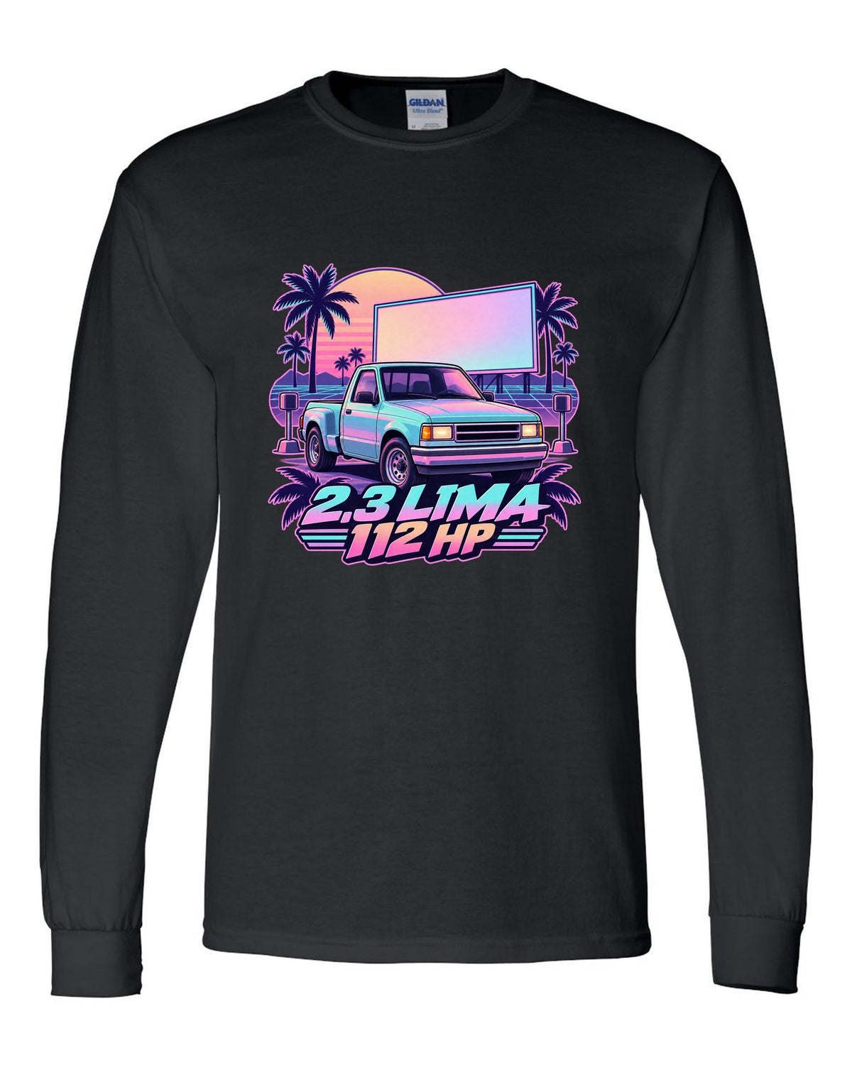 Ford Ranger 1995 stepside at a drive-in in a vaporwave pastel print black long sleeve front view with the design