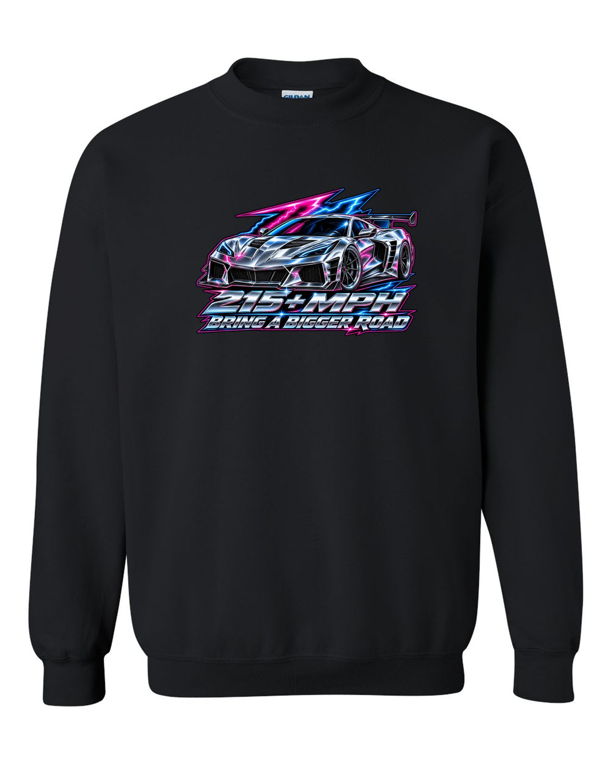 Gauge-cluster HUD design with a 2025 C8 Corvette ZR1 and 215 plus mph lettering black crewneck front view with the design