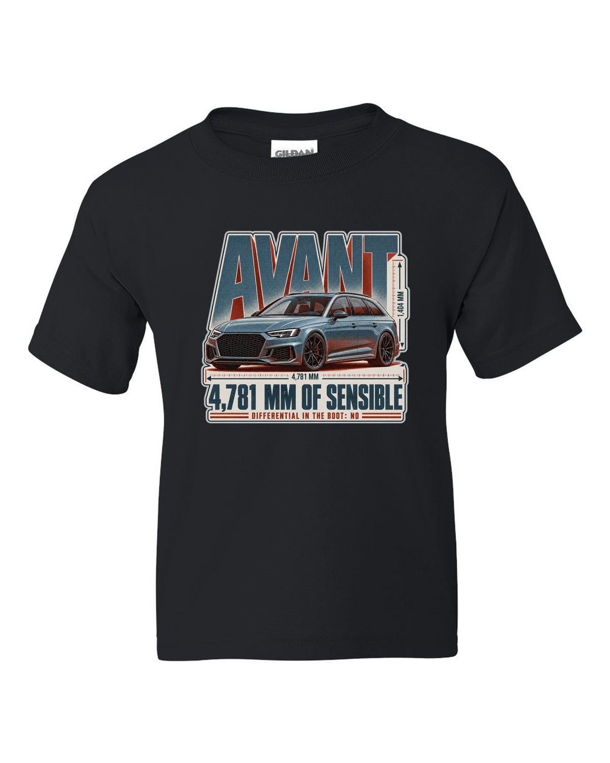 Audi RS4 Avant B9 halftone statement print with wagon text black kids tee front view with the design